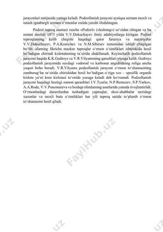 o‘rtacha harorat, yevropa qismida 40 s, g‘arbiy sibirda –3 0 s dan –7,80 s gacha va sharqiy sibirda –7 0 s dan –16 0 s gacha o‘zgarib boradi. 50 s dan yuqori harorat bo‘lgan davr g‘arbda 160-200 kun, sharqda qisqarib 100-140 kunni tashkil etadi. shuninigdek, yog‘ingarchilik miqdori g‘arbdan (680-500 mm) sharqqa (300- 150mm) qarab kamayib boradi. bug‘lanishga nisbatan atmosfera yog‘inlari ko‘p bo‘lganligi sababli tayga-o‘rmon zonasi nami yetarli va ancha sernam zonaga kiradi. zonaning asosiy qismida yuviladigan suv rejimi bo‘lib, sharqiy sibirda muzloq suv rejimi bilan almashinadi. namlanish koeffisiyenti 1,10-1,33 r e l ‘e f i. zonaning yevropa qismi uchun tekis relyef xarakterli. osiyo qismidagi g‘arbiy sibir pasttekisligi sharqda yeneseydan boshlab past tog‘larga va so‘ngra tog‘li o‘lkalarga o‘tadi. t u p r o q p a y d o q i l u v ch i o n a j i n s l a r i juda xilma-xil, turli mexanik …