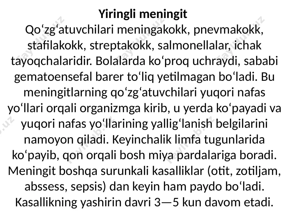 ilan zo‘rayadi, qo‘l- oyoq mushaklari zaiflashib boradi, pay reflekslari o‘zgaradi, patologik ref- lekslari paydo bo‘ladi. tashxis qo‘yishda qon va likvor tahlil qilinadi. vas- serman reaksiyasi musbat bo‘lsa, tashxis to‘g‘ri qo‘yilgan bo‘ladi. davosi. zaxmga qarshi dorilar qo‘llaniladi. ensefalit — bosh miya to‘qimalarining o‘tkir yallig‘lanishi. ensefalitlar har xil infeksiyalar (virus va mikroblar), ba’zi bir yuqumli kasalliklardan keyin ham kelib chiqadi. birlamchi ensefalitlarni neyrotrop viruslar keltirib chiqarsa, umumiy yuqumli kasalliklar (qizamiq, bezgak, zotiljam) dan keyin bosh miya yallig‘lanishi ikkilamchi ensefalit bo‘ladi. epidemik (letargik) ensefalit - bu kasallikning epidemik ensefalit deb atalishiga sabab, 1917—1928 yillarda u jahonning butun mamlakatlariga epidemiya holida tarqalgan. bu ensefalitning letargik yoki uhlatadigan ensefalit deb atalishiga esa kasallikda bemor ko‘p uhlaydigan bo‘lib qoladi. sabablari. epidemik ensefalitni filtrlanuvchi viruslar qo‘zg‘atadi. ensefalit o‘tkir va surunkali turda kechadi. klinik manzarasi. kasallikning yashirin davri 2—14 kungacha, ba’zan bir necha oygacha davom etishi mumkin. kasallikning o‘tkir davrida bemorning tana harorati 38°c gacha ko‘tarilib, 15—20 kungacha …