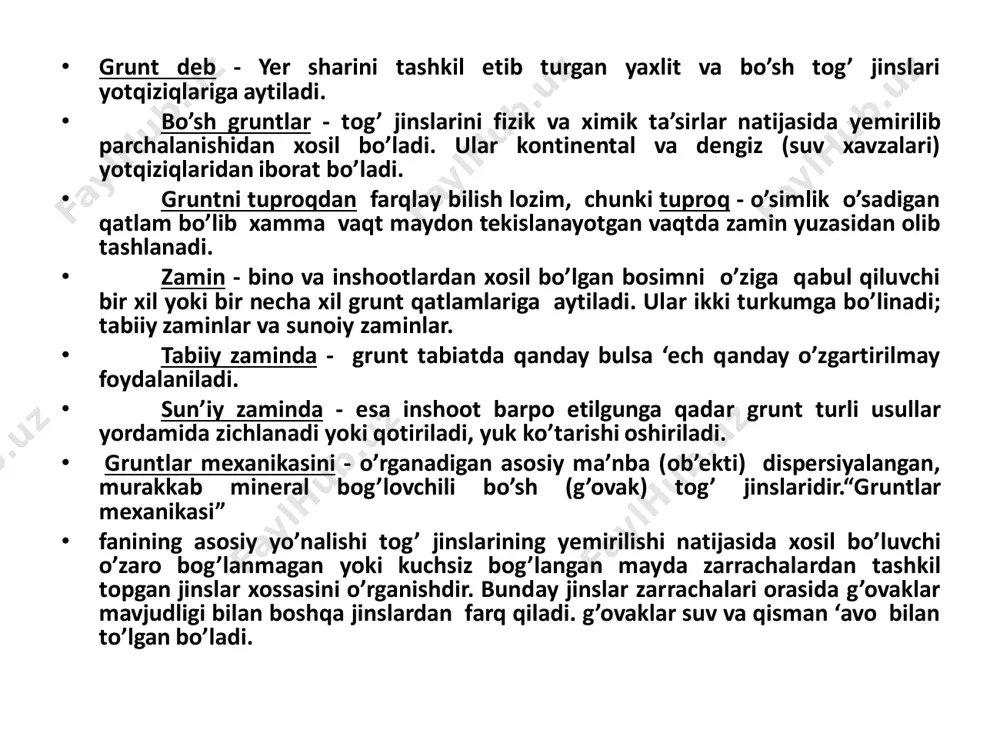 n mutaxassislar uning sababini zamin gruntlarining qo’shimcha namlanishi bilan bog’liq deb topdi. namlanish quyidagi sabablar natijasida yuzaga kelgani eotirof etildi:. — maydonning qiyalik xolati yog’insuvlarini bino tomonga oqizib kelgan; • — bino atrofidagi bog’ ekinlarni suorish suvlari asta-sekin zamin tomonga siljigan; • — bino atrofidagi chiqindi ishlatilgan suvlari, oqiziladigan tarmoqlar buzilgan va xokazo. • oradan bir necha oy o’tgach, ya’ni 1976 yilning aprelida mazkur bino deyarli foydalanishga yaroqsiz bo’lib qoldi. uning devorlaridagi yoriqlar o’lchami 1-2 sm ga yetib, bino atrofi gruntlarida katta yoriqlar xosil bo’la boshladi. bular ko’proq binoning sernam janubiy tomonida bo’lib, ularning o’lchami 3-3,5 sm dan oshib ketdi. shu tomondagi zamin gruntlari poydevor tagidan bo’rtib chiqishi kuzatila boshlandi. bunday xalokatlarning kelib chiqishi qurilish maydonidagi gruntlarning xususiyatlariga, zaminning yuk ko’tarish qobiliyatiga bog’liq ekanligidan dalolat beradi. shuning uchun bino va inshootlarni loyixalash, ularni tiklash va ulardan foydalanish jarayonida zamin gruntlarida bo’ladigan barcha o’zgarishlarni xisobga olish va ular bilan bog’liq masalalarga …