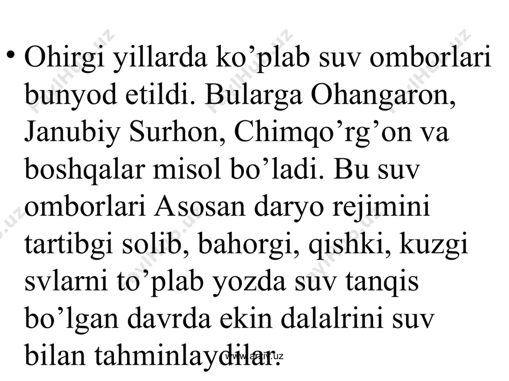 dehkonchilikda barcha ekinlar ekilada, asosini paxtachilik tashkil qiladi (3,2mln. t.). paxtachilik bilan almashlab makka jo’xori va bug’doy ekiladi. shuningdek, sholikorlik, bog’dorchilik, uzumchilik ham yaxshi rivojlangan. o’zbekistonda g’alla, asosan bug’doy keng ekiladi. yaqin vaqtlargacha chetdan ko’plab miqdorda don olib kelingan. reschpublikada olib borilgan agrar siyosat tufayli bu narsa asta sekin barham topmoqda. hozirgi kunda respublikada 7,5 mln tonnaga yaqin bug’doy yetishtirilmoqda. bu esa o’z navbatida g’alla mustaqilligiga erishishga olib kelmoqda. g’allachilikda sholi yetishtirish ham katta ahamiyat kasb etadi. sholi yetishti rishda qoraqalpog’iston va xorazm viloyatlari yetakchilik qilishadi. www.arxiv.uz www.arxiv.uz chorvachilik dehkonchilikdan keyitn ikkinchi o’rinda turadi. unda yetakchi tarmoq - qo’ychilikdir. ayniqsa respublikada qorako’l qo’ylari boqilishi yaxshi yo’lga qo’yilgan bo’lib, xalqaro ihtisoslashgan tarmoqqa aylangan. navoiy, buxoro, qashqadaryo. samarqand va jizzax viloyatlari hamda qoraqalpog’istonda ko’plab qorako’l qo’ylari boqiladi. surxondaryo, buxoro qashqadaryo vilroyatlarida hisori qo’ylariko’p bo’lib, ular asosan go’shti va yungi uchun boqiladi. namangan viloyati esa mayin yungli angor echkilarini boqishda yetakchilik qiladi. qoramollar …