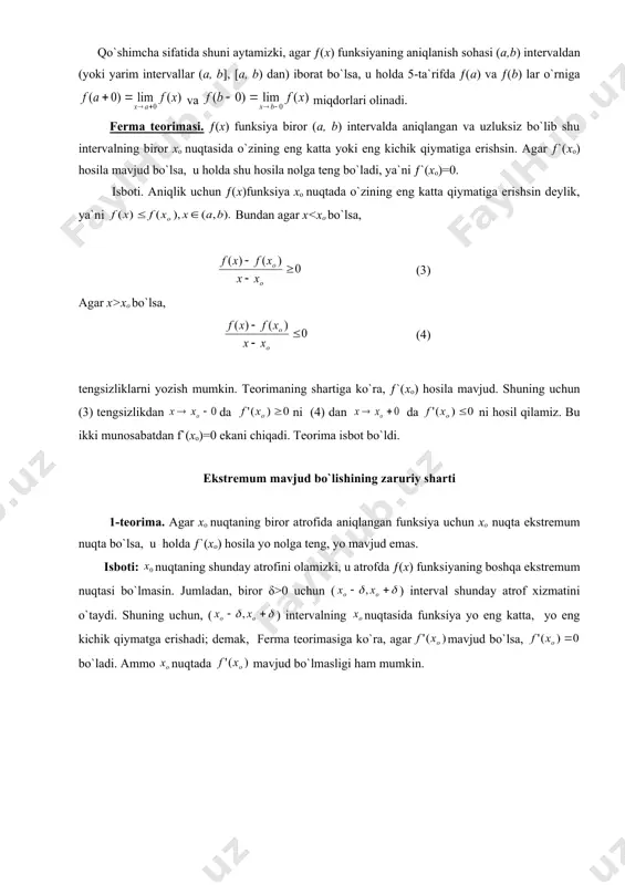 alda esa ƒ`(x) 0-tanlanish bo`yicha) ƒ`(h)=2*(+h)=2h>0. ko`rinadiki, =0 nuqtada ƒ`(x) hosila ishorasini minusdan plyusga o`zgartiryapdi. demak, 1-teorema bo`yicha nuqta minimum nuqtasidir. funksiyaning minimumini topib qo`yamiz; demak, mashqlar. ushbu funksiyalarning ekstremumlarini toping. 1. y= 5. y= 2. y= 6. y= 3. y= 4. y= 7. y= endi 1-teoremani isbotlaymiz. agar bo`lsa, u holda intervalining dan farqli barcha nuqtalar uchun ushbu lagranj formulasini yozish mumkin, unda yo embed equation.3 yoki . teoremaning 1- holi uchun ekanini ko`rsatamiz. haqiqatan ham, agar (ya`ni bo`lsa, teoremaning shartiga ko`ra va bo`ladi. demak, bo`ladi, ya`ni yoki agar (ya`ni ) bo`lsa, u holda va teoremaning shartiga ko`ra shuning uchun va yana tengsizlik kelib chiqadi. demak, (a, b) intervalning dan farqli ixtiyoriy x nuqtalari uchun munosabat o`rinli ekan. bu esa nuqtada f(x) funksiya minimumga egaligidan darak beradi. 2- teorema(ikkinchi qoida). f(x) funksiya (a, b) intervalda uzluksiz bo`lib , uning nuqtasida birinchi va ikkinchi tartibli hosilasi mavjud bo`lsin. 1) agar …