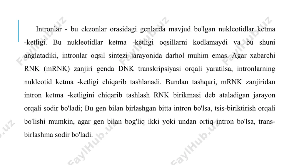 a transpozision elementlar yoki transpozonlar deb ham ataladi. transpozonlar xilma-xil strukturaga ega bo’lsalar-da, barcha transpozon molekulalarining ikki chetida maxsus nukleotidlar izchilligi, markaziy qismda esa dnk molekulasining belgilangan joyida "yopishqoq" uchlar hosil qilib notekis kesuvchi transpozaza fermentini sintez qiluvchi gen mavjuddir. transpozaza fermenti hujayradagi dnk molekulasini " yopishqoq" uchlar hosil qilib kesadi va ayni paytda transpozon uchlariga qovushtiradi. hosil bo’lgan xromosoma dnksi va transpozon dnksidan iborat qovushma hujayra dnk bo’laklarini bog’lovchi ferment ligaza ta’sirida o’zaro bog’lanadi. transpozonlarning hujayra dnksiga integrasiyasi quyidagicha amalga oshadi transpozonlar –organizmda uchraydigan dnk qismi bo‘lib, o‘z joyini o‘zgartirish qobiliyatiga ega. ular genom doirasidagina ko‘payaa oladi. transpozonlar “sakrovchi genlar” nomi bilan mashhur, ular genetik mobil elementlarning bir vakili hisoblanadi. transpozonlar genomning kodlanmaydigan qismiga kiradi. dnk nukleotidlar ketma-ketligi asosida oqsil tarkibidagi aminokislotalar ketma-ketligi haqidagi informatsiyani tashimaydi. shunga qaramay mobil elementlarning bir qancha sinflari tarkibida fermentlar ketma-ketligi haqidagi ma’lumot bo‘ladi. bu fementlar transpozon xarakatlanishini transkripsiya va katalizatsiya qiladi. masalan, dnk …