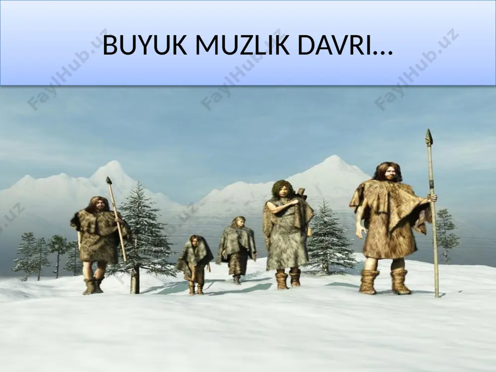 dan 1850 gacha. bu vaqtda shimoliy yarim sharda ancha past harorat kuzatildi. so'nggi muzlik davri allaqachon kelgan edi sutemizuvchilar paydo bo'ldi. qattiq iqlim sharoitida omon qoladigan hayvonlar juda katta edi, ularning tanalari qalin mo'yna qatlami bilan qoplangan edi. olimlar bu jonzotlarni chaqirdilar "megafauna", u muz bilan qoplangan joylarda, masalan, zamonaviy tibet hududida past haroratlarda omon qolishga muvaffaq bo'lgan. kichik hayvonlar moslasha olmadi muzlashning yangi sharoitlariga va halokatga uchragan. muzlik davrida turmush tarzi image2.jpeg image3.jpeg image4.jpeg image5.jpeg image6.jpeg image7.jpeg image8.jpeg image9.png image10.png image1.jpeg /docprops/thumbnail.jpeg