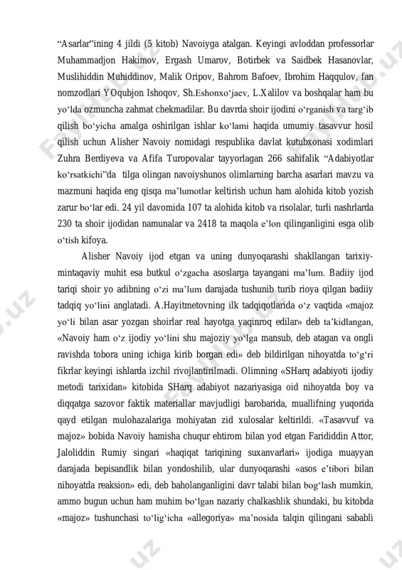imov, ergash umarov, botirbek va saidbek hasanovlar, muslihiddin muhiddinov, malik oripov, bahrom bafoev, ibrohim haqqulov, fan nomzodlari yoqubjon ishoqov, sh.eshonxo‘jaev, l.xalilov va boshqalar ham bu yo‘lda ozmuncha zahmat chekmadilar. bu davrda shoir ijodini o‘rganish va targ‘ib qilish bo‘yicha amalga oshirilgan ishlar ko‘lami haqida umumiy tasavvur hosil qilish uchun alisher navoiy nomidagi respublika davlat kutubxonasi xodimlari zuhra berdiyeva va afifa turopovalar tayyorlagan 266 sahifalik “adabiyotlar ko‘rsatkichi”da tilga olingan navoiyshunos olimlarning barcha asarlari mavzu va mazmuni haqida eng qisqa ma’lumotlar keltirish uchun ham alohida kitob yozish zarur bo‘lar edi. 24 yil davomida 107 ta alohida kitob va risolalar, turli nashrlarda 230 ta shoir ijodidan namunalar va 2418 ta maqola e’lon qilinganligini esga olib o‘tish kifoya. alisher navoiy ijod etgan va uning dunyoqarashi shakllangan tarixiy- mintaqaviy muhit esa butkul o‘zgacha asoslarga tayangani ma’lum. badiiy ijod tariqi shoir yo adibning o‘zi ma’lum darajada tushunib turib rioya qilgan badiiy tadqiq yo‘lini anglatadi. a.hayitmetovning ilk tadqiqotlarida …
