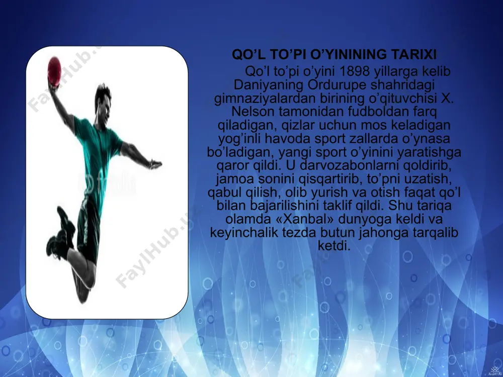 toshkentda dastlabki bolalar va o’smirlar sport maktablari o’tgan asrning 60-yillarida ochildi va sobiq ittifoq maktab o’quvchilari spartakiadalarida muntazam ishtirok etib 1975 yili qizlar 3-o’ringa, o’smirlar esa, 1979 yili 6-o’ringa sazovor bo’lishdi. keyinchalik ushbu sport maktablarida shug’ullangan jahon va olimpiya chempionlari viktor maxorin, mixail vasilev, yoshlar o’rtasida jahon chempionlari s.zemlyanova va o.ziibareva, sobiq ittifoq «tenna» jamoasi tarkibiga qabul qilingan s.orlov, v.antonov, s. kalnikov, g.travkin, i.axmadiyev, b.proxorovlar “halqaro sport ustasi” unvoniga sazovor bo’lganlar. o’zbek ganbolchilarini tayyorlashdagi faol mehnatlari uchun f.abdurahmonov, v.kaplinskiy, v.ogirenko, y. golovchenko, v.konaplev, v.izaak “o’zbekistonda xizmat ko’rsatgan murabbiy” unvoni bilan taqdirlandilar. mustaqil o’zbekistonda 1992 yili gandbol federasiyasi tashikil etilib, 1993 yili halqaro va osiyo federasiyalariga qabul qilindi. 1992 yildan boshlab o’zbekistonda erkaklar va ayollar o’rtasida chempionatlar o’tkazilib kelinmoqda. o’quvchi-yoshlar va talaba yoshlarni jismoniy tarbiya va sport mashg’ulotlariga ommaviy jalb qilishni ta’minlash maqsadida o’zbekiston respublikasi prezidenti i.a. karimov tashabbusi bilan ko’pgina qarorlar qabul qilindi. vazirlar mahkamasining 1999 yil 21-mayda qabul qilingan …