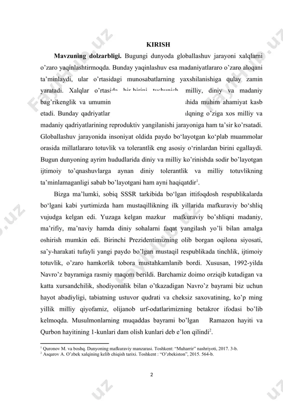 ................................................................................... kirish mаvzuning dоlzаrbligi. bugungi dunyoda globallashuv jarayoni xalqlarni o’zaro yaqinlashtirmoqda. bunday yaqinlashuv esa madaniyatlararo o’zaro aloqani ta’minlaydi, ular o’rtasidagi munosabatlarning yaxshilanishiga qulay zamin yaratadi. xalqlar o’rtasida bir-birini tushunish, milliy, diniy va madaniy bag’rikenglik va umuminsoniy qadriyatlar shakllanishida muhim ahamiyat kasb etadi. bunday qadriyatlar almashinuvi esa har bir xalqning o’ziga xos milliy va madaniy qadriyatlarining reproduktiv yangilanishi jarayoniga ham ta’sir ko’rsatadi. globallashuv jarayonida insoniyat oldida paydo bo‘layotgan ko‘plab muammolar orasida millatlararo totuvlik va tolerantlik eng asosiy o‘rinlardan birini egallaydi. bugun dunyoning ayrim hududlarida diniy va milliy ko’rinishda sodir bo’layotgan ijtimoiy to’qnashuvlarga aynan diniy tolerantlik va milliy totuvlikning ta’minlamaganligi sabab bo’layotgani ham ayni haqiqatdir[footnoteref:1]. [1: quronov m. va boshq. dunyoning mafkuraviy manzarasi. toshkent: “muharrir” nashriyoti, 2017. 3-b.] bizga ma’lumki, sobiq sssr tarkibida bo‘lgan ittifoqdosh respublikalarda bo‘lgani kabi yurtimizda ham mustaqillikning ilk yillarida mafkuraviy bo‘shliq vujudga kelgan edi. yuzaga kelgan mazkur mafkuraviy bo’shliqni madaniy, ma’rifiy, ma’naviy hamda diniy sohalarni faqat yangilash yo’li …