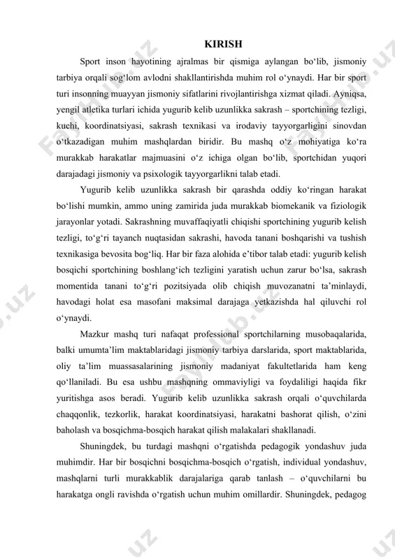 himdir. har bir bosqichni bosqichma-bosqich o‘rgatish, individual yondashuv, mashqlarni turli murakkablik darajalariga qarab tanlash – o‘quvchilarni bu harakatga ongli ravishda o‘rgatish uchun muhim omillardir. shuningdek, pedagog trenerning texnik tavsiyalari va kuzatuv asosidagi tahlili orqali o‘quvchi o‘z texnikasini mukammallashtirib boradi. yugurib kelib uzunlikka sakrashni to‘g‘ri bajarish uchun zarur bo‘lgan jismoniy sifatlar orasida kuch, chaqqonlik, tezlik, muvozanat, tanani boshqarish, reaksiya va koordinatsion qobiliyatlar ustuvor hisoblanadi. ayniqsa, boshlang‘ich yoshdagi o‘quvchilarda bu sifatlarni bosqichma-bosqich rivojlantirish pedagogning asosiy vazifasidir. bu orqali nafaqat sport natijalariga erishish, balki bolalarda sog‘lom turmush tarzi, mehnatsevarlik, g‘alabaga intilish va o‘z-o‘zini baholash sifatlarini ham shakllantirish mumkin. shu bilan birga, yugurib kelib uzunlikka sakrashning o‘quv-tarbiyaviy ahamiyati ham mavjud. bu mashqni bajarish jarayonida o‘quvchi o‘z harakatini rejalashtirishni, o‘ziga bo‘lgan ishonchni oshirishni, texnik holatini tahlil qilishni o‘rganadi. harakatlardagi aniqlik, mas’uliyatli yondashuv va uzluksiz mashq qilish orqali o‘quvchi mustahkam irodaga ega bo‘lib boradi. bularning barchasi shaxsning har tomonlama kamol topishida asosiy omil hisoblanadi. yuqoridagilardan kelib …