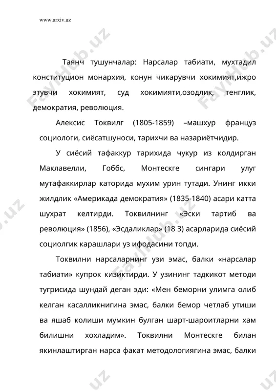 жамиятда хукумронлик киляпти. у фикр яратади, хис-туйгу уйготади, хулк-атвор тарзига тахсир курсатади. «америкада демократия» асарининг бош мавзуи демократиянинг тарихий генезиси, мохияти ва ривожланиш истикболларидир. у демократияни:1) ижтимоий хаёт барча сохаларининг тенглаштирилиши сифатида, 2) «халк» сузининг синоними сифатида, 3) ваколатли бошкариш шаклини ифода этувчи сифатида, 4) умумий сайлов хукуки сифатида талкин этди. токвил демократияни хокимиятнинг конкрет типига караганда жамиятнинг конкрет типини ифодаловчи тушунча сифатида куллади. токвилг куйидаги мухим коидани илгари сурди: озодлик тенгсизликка асосланмайди, у шартшароитларнинг тенглиги билан боглик булган демократик реалликка асосланиши ва социал институтлар томонидан химояланиши керак; бунинг намунаси америкада яратилган. токвилг озодлик деганда узбошимчаликларнинг бартараф этилишини, хокимиятнинг конунга мувофик равишда амалга оширилишини, индивидлар хавфсизлигини тушунди. олим парадоксал хулосаларга келди:монархия ва аристократияга нисбатан демократия озодлик учун потенциал хатарлидир. «монарх авторитети соф жисмонийдир, у кул остидагиларнинг фикрига буйсунмаган холда уларнинг ишини назорат килади, бирок купчиликнинг кулида хам жисмоний, хам ахлокий хокимият мавжутдир: у факат исёнчиларгагина эмас, балки бошкача фикрлайдиганларни хам …