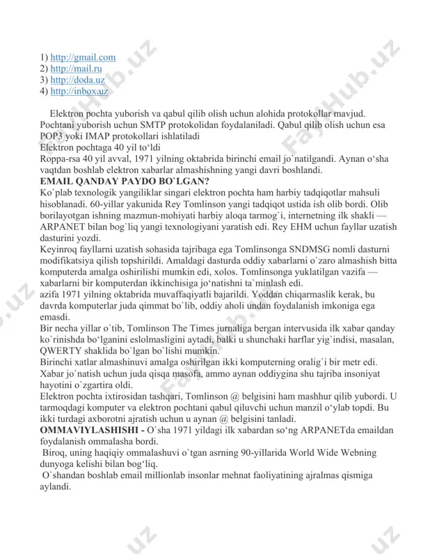 tron xat jo`natilishini ma`lum qildi. 2008 yilga kelib, bu raqam kuniga 170 milliardga yetdi. bu — bir soniyada 2 million email jo`natiladi degani. elektron xat almashinuvlari miqdori kamaygani yo`q. pingdomning statistikasiga ko`ra, 2010 yilga kelib bir kunda jo`natiladigan elektron xabarlar soni 294 milliardni tashkil etgan. spam- qulayligiga qaramay, oramizda elektron pochtadan jabr ko`rganlar ham topiladi. asosiy muammo, so‘zsiz, spam bilan bog‘liq. nucleus researchning 2007 yilgi hisobotiga ko`ra, bitta xodim uchun korporativ elektron pochta tashkilotga yiliga 712 dollarga tushgan. bu xarajat ichida xodimning keraksiz xabarlarni o`chirishga ketgan vaqti va antispam texnologiyalarining narxi bor. bugunga kelib, spamlarga to`siq qo`yuvchi tizimlar ishlab chiqilgan bo`lsa-da, muammo hamon dolzarbligicha qolmoqda. pingdom ma`lumoticha, 2010 yili kuniga 262 mlrd. spam-xabarlar jo`natilgan.bu bir kunda yuborilgan barcha elektron xatlarning 89,1 foizini tashkil etadi. the timesning 2008 yili tarqatgan xabarida xodimlar kuniga o`z pochtalarini tekshirish, undagi xabarlarni olish, o`qish uchun kuniga o`rtacha 49 daqiqa sarflashi ma`lum qilingan. o`tgan vaqt mobaynida …