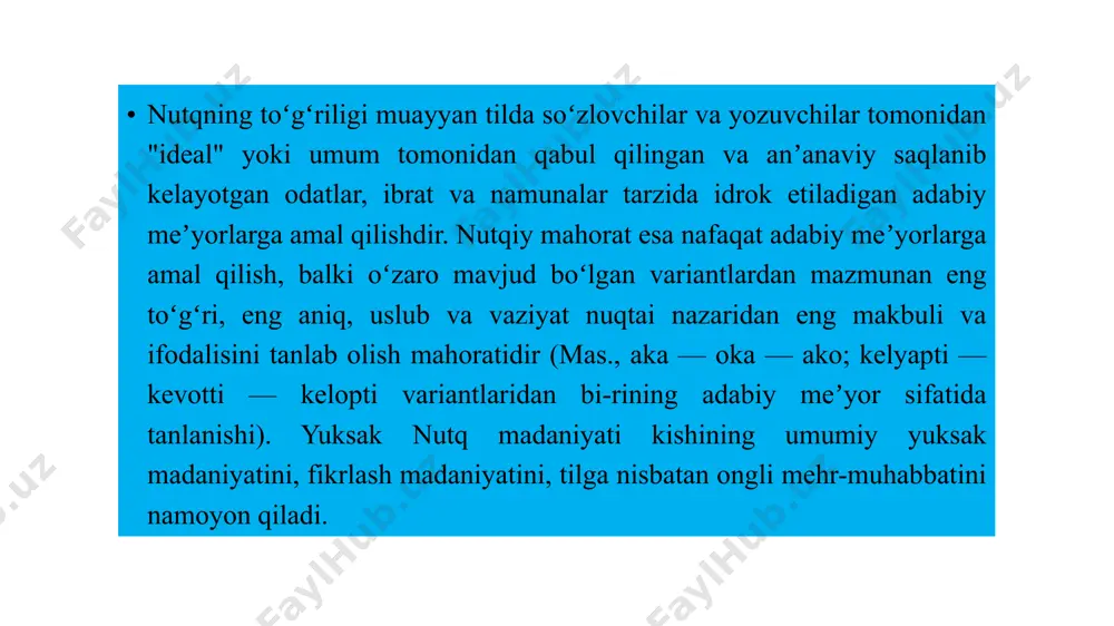 ab gapirsang ham oʻylab gapir", "har neni yemak — hayvonning ishi, har neni demak — nodonning ishi" kabi maqol va hikmatli soʻzlarning paydo boʻlishi ham oʻzbek xalqida nutq madaniyatiga avvaldan eʼtibor kuchli boʻlganidan darak beradi. nutq odobi – nutqiy muloqot qoidalari, tamoyillari va shakllarining yigʻindisi, muomala madaniyati sinonimi, ijtimoiy faoliyat sohalari bilan bogʻliq madaniy meʼyorlar majmui. nutq odobi qator talablarga javob berishi kerak. ijobiy natijaga yoʻnalganlik, nizo va bahsli holatlarni yechishga intilish, kelishish, bitimga erishishga harakat qilish nutq odobining ijobiy uslubidir. nutq odobiga rioya qilmaslik salbiy jihat boʻlib, bunday muloqot nizoga, tarafkashlikka, shaxslararo ziddiyatga olib kelishi mumkin. ishga aloqador muloqotda obyektiv mezonlar asosida masalani baholash, vaziyatni xolis ekspertiza qilish, xulosani aniq ifodalash, tenglik, murosasozlik tamoyillaridan kelib chiqish, oʻz shaxsiy fikriga qarshi tomonning huquqini tan olish muhim ahamiyat kasb etadi. nutq odobida suhbat, muzokara, muloqotning muayyan texnologiyasi (yoʻrigʻi) mavjud. u tanishish, murojaat qilish, salomlashish, xayrlashishning muayyan shakli bilan bogʻliq. nutq odobining …