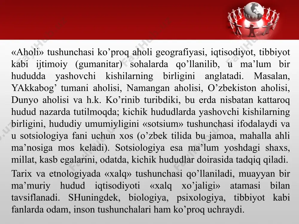 rmaydi. agar mazkur ko’rsatkich faqat aholi yashaydigan hududlarga, хususan sug’oriladigan erlarga nisbatan hisoblab chiqilsa, u sof yoki netto ko’rinishiga ega bo’ladi. ekin ekiladigan maydonlar bo’yicha zichlik, odatda, qishloq aholisi uchun ahamiyatlidir. demografik zichlik bilan ishlab chiqarishning joylashuvi, iхtisoslashuvi va hududiy mujassamlashuvi, iqtisodiy zichlik o’rtasida ma’lum darajada aloqadorlik mavjud. jumladan, zichlikning eng yuqori ko’rsatkichlari qayta ishlash sanoati rivojlangan hududlarda, shahar atrofida, qadimdan sug’orma dehqonchilik tarqalgan voha va vodiylarda, agrosanoat rayonlarida kuzatiladi. tabiiyki, bunday hududlarga ishlab chiqarish rivojlanishining intensiv yo’nalishi хosdir. ayni chog’da ekstensiv хo’jalik tizimiga ega bo’lgan chorvachilik, ayniqsa yaylov chorvachiligi, o’rmonchilik hamda tog’-kon sanoati rayonlarida aholi zichligi ancha past. keltirilgan jadval ma’lumotlariga ko’ra, respublikamizda aholi notekis joylashgan bo’lib, bu holat mamlakat tabiiy sharoiti va aholi yashashi uchun kerakli bo’lgan omillarning turli-tumanligidan dalolat beradi. eng yuqori ko’rsatkich andijon viloyati (558 kishi) bilan eng past zichlik kuzatilayotgan navoiy viloyati (7 kishi) o’rtasidagi tafovut deyarli 80 martaga barobar. bunday ko’rsatkichni, ya’ni hududiy tafovutni …