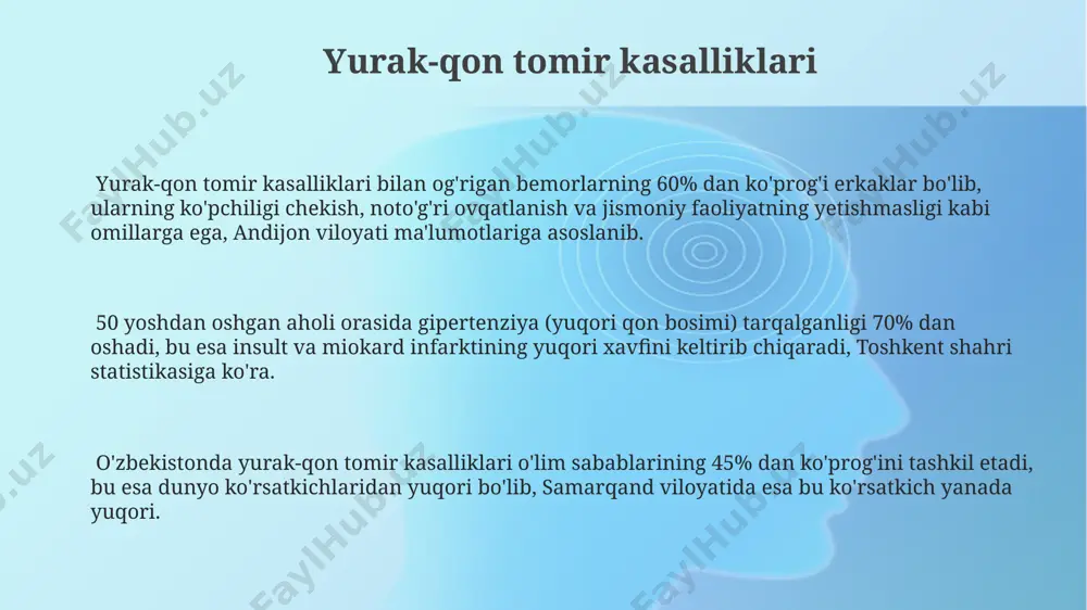 k omillar, 30% esa atrof-muhit ta'siri, masalan, ifloslangan havosi bilan mashhur bo'lgan xitoyning ba'zi shaharlarida yashovchilar orasida yuqoriroq hisoblanadi. statistikaga ko'ra, 50 yoshdan oshgan aholi orasida diabet va osteoporoz kabi kasalliklarning tarqalishi 10 yoshga nisbatan 5 barobar ko'p, bu esa noto'g'ri turmush tarzini va amerika qo'shma shtatlari kabi rivojlangan mamlakatlardagi o'tirgan hayot tarzini ko'rsatadi. eshitish qobiliyatining pasayishi eshitish qobiliyatining yoshi bilan pasayishiga sabab bo'lgan 20 dan ortiq turli xil kasalliklar mavjud bo'lib, ularning aksariyati amerika qo'shma shtatlari va yevropa mamlakatlarida keng tarqalgan. o'zbekistonda 65 yoshdan oshgan aholining 30% dan ortig'i eshitish qobiliyatining pasayishi bilan bog'liq muammolarga duch keladi, bu esa ijtimoiy hayotga salbiy ta'sir ko'rsatadi. 80 yoshdan oshgan odamlarda eshitish qobiliyatining to'liq yo'qolishi xavfi 50% ga yaqinlashadi, bu esa mutaxassislar tomonidan maxsus eshitish vositalaridan foydalanishni tavsiya qilishini bildiradi. saraton kasalliklari surunkali yallig'lanish jarayonlari, masalan, gastrit va gepatit, oshqozon va jigar saratoni xavfini sezilarli darajada oshiradi, xususan, andijon viloyatida bu kasalliklarning …