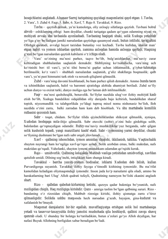 r va dasturlarda tariqat atamalari, maqomot manzillarini tushuntirishga ko‘p e’tibor beriladi. «tariqat» so‘zining ma’nosi yo‘l demak. ya’ni ilohiy ma’rifatni egallashga bel bog‘lagan kishining ruhiy-axloqiy kamolot yo‘li. tariqatni tasavvufning amaliy qismi deb ta’riflaydilar. darhaqiqat ham shunday, chunki pir-muridlik qoidalari, odobiga rioya etish, solik (ya’ni tariqatga qadam qo‘ygan yo‘lovchi) bajarishi kerak bo‘lgan barcha yo‘riqlar, irodat va ishorat usullari shu tariqat ichiga kiradi. demak, zunnun birinchilardan bo‘lib, so‘fiyona holatlar, karomatlarni so‘z bilan ifodalagan. zunnunning o‘zi hikoya qilib deydiki, uch safar qildim va uch ilm keltirdim: avvalgi safarda bir ilm keltirdim, xos ham, avom ham qabul qildilar, ikkinchi safarda yana bir ilm keltirdim, xos qabul qildi, ammo avom qabul qilmadi, uchinchi safarda yana bir ilm hosil qildim, na xos qabul qildi va na avom. (tasavvuf ahli xos deganda ilmi holdan xabardor so‘fiylarni, avom deganda esa, tasavvufga oshno bo‘lmagan kishilarni nazarda tutganlar.) zunnun aytgan birinchi ilm shariat ilmidir, chunki shariat xosga ham avomga ham birday …