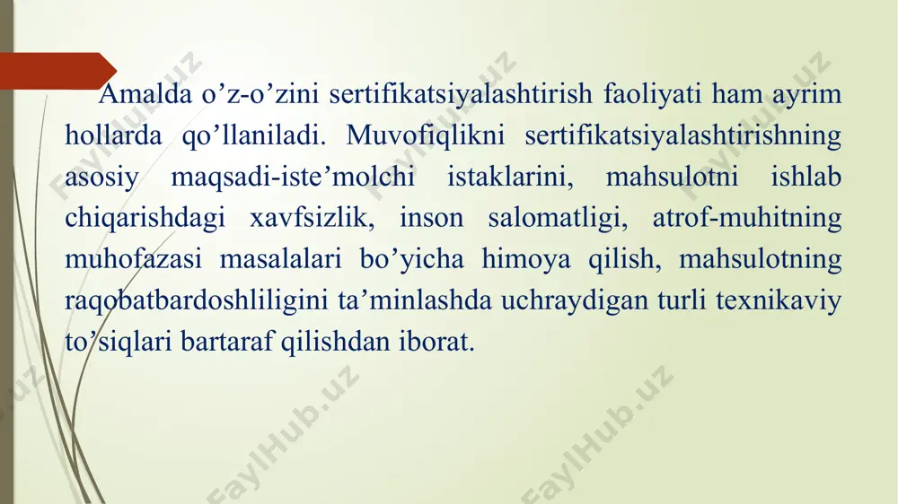 berish orqali tasdiqlash kabi faoliyatidir. ishlab chiqarish va sifat tizimlarini sertifikatsiyalashtirishdagi tekshirish va baholash obʼektlari quyidagilar boʼlishi mumkin: - sifatni yaxshilash va boshqarish faoliyati; - ishlab chiqarish tizimi; - mahsulotning sifati. shunday qilib, ishlab chiqarish va sifat tizimlarini sertifikatsiyalashtirish mahsulot ishlab chiqarishning barcha jabhalarini oʼz ichiga olar ekan. mahsulotning sifati quyidagi axborot manbalaridan iborat: - tayyor mahsulotni topshirilayotgandagi uning sifat koʼrsatkichlari (texnologik nazorat tomonidan); - isteʼmolchi tomonidan sifatni tekshirgan turli tashkilotlar tomonidan mahsulotning sifati toʼgʼrisidagi berilgan bayonnomalari. ishlab chiqarish va sifat tizimlarini sertifikatsiyalashtirishda mahsulot sifatini tekshirish va ularni tahlil qilish uchun, oldindan rejalashtirilgan sinovlar oʼtkazish uchun maxsus laboratoriyalar boʼlishi shart emas. mahsulotning sifatini taʼminlash va uni boshqarish boʼyicha korxonaning faoliyati hamda sifat tizimlarini sertifikatsiyalashtirish 9000-9003 iso xalqaro standartlari boʼyicha tanlangan modelь talablariga muvofiqlik bosqichma-bosqich amalga oshiriladi va baholanadi. hozirgi paytda xalqaro standartlarning uchta modeli (tizimi) ishlab chiqilgan, ular: 1. 9001 seriyali iso xalqaro standarti (xs) «sifat» tizimi. mahsulot sifatini uni …
