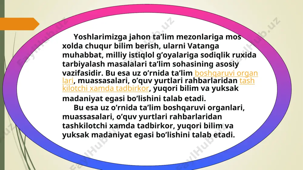 o’rnatishda xajviyadan foydalanish, ko’z qarashlarda so’zlarni ifoda etish. ko’zlar inson qalbining ko’zgusi hisoblanadi. qat’iy, o’ziga ishonch qarashlar – qat’iyatli imidj sanaladi. atrofdagilarga innovatsiyani olib kirish. 6 «kelajak maktabi» qanday ko’rinishga ega bo’lishi kerak ? kelajak maktabi motivatsiya maktabi imkoniyatlar maktabi shaxsiy muvaffaqiyat maktabi kelajak maktabiga tayyormisiz? e’tiboringiz uchun rahmat!