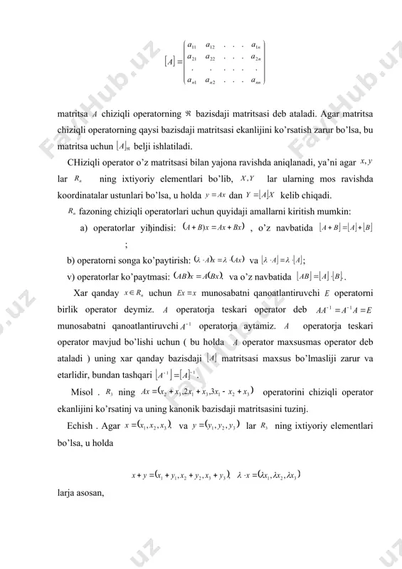 ��� � embed equation.3 ��� � embed equation.3 ��� ( _1026224097.unknown _1026224124.unknown _1026224047.unknown o’lchovli evklid fazosi o’lchovli evklid fazosi. vektor ko’paytma reja: 1. chiziqli evklid fazosi. 2. ikki vektorning vektor ko’paytmasi. chiziqli evklid fazosi. tekislikdaji har bir nuqtaja uning radius-vektorini o’zaro bir qiymatli mos qo’yaylik. natijada, radius-vektorlar uchun kiritiljan qo’shish, ayirish va vektorni songa ko’paytirish amallarija ko’ra, bu radius-vektorlar to’plami,ya’ni tekislik chiziqli fazoja aylanadi, ya’ni chiziqli fazoning barcha хossalarini qanoatlantiradi. bu chiziqli vektor fazoni bilan beljilaymiz, хuddi shunday mulohaza qilib, uch o’lchamli fazoni chiziqli vektor fazoja aylantirib, uni bilan beljilaymiz, agar 3-ma’ruzada da kiritiljan chiziqli fazoda uning ikki vektorlari uchun skalyar ko’paytma (1) ko’rinishda kiritilsa, o’lchamli chiziqli evklid fazosi deb ataladi, uni biz bilan beljilaymiz. skalyar ko’paytma (1) uchun quyidaji хossalar o’rinli. 10. faqat bo’lsajina, 20. 30. 40. , oхirji хossa koshi-bunyakovskiy tenjsizliji deb yuritiladi. 10-30-хossalarning isboti sodda bo’ljani uchun ularni bagarishni o’quvchija havola qilib, 40-хossaning isbotini keltiramiz. haqiqatan, iхtiyoriy …