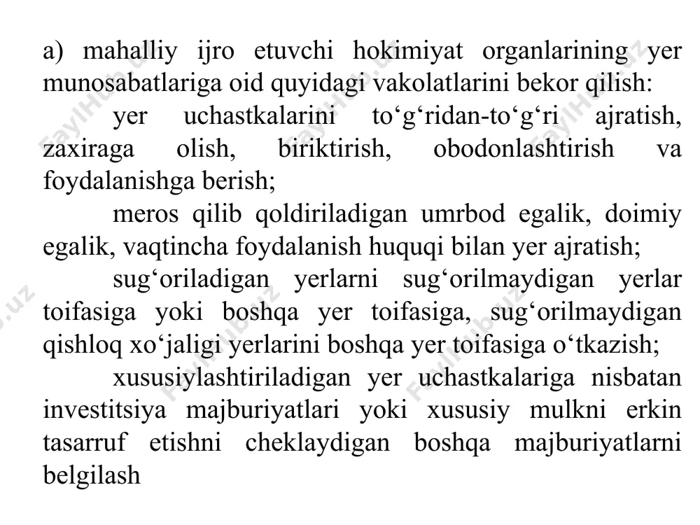 usodara etilganda; ijro hujjatlari bo‘yicha undiruv yer uchastkasiga qaratilganda. yer uchastkasining egalik qiluvchisi, foydalanuvchisi, ijarachisi hamda mulkdori yer uchastkasiga bo‘lgan huquqlardan voz kechishidan yaqqol dalolat beruvchi xatti-harakatlar (chet elga jo‘nab ketganlik, yer uchastkasidan belgilanganidan ko‘proq muddat davomida foydalanmaslik) sodir etgan taqdirda, bu yer uchastkasi qonun hujjatlari bilan belgilangan tartibda egasiz mol-mulk tariqasida hisobga olinadi. yer uchastkasi yoki uning bir qismi davlat va jamoat ehtiyojlari uchun yer egasining roziligi bilan yoki yerdan foydalanuvchi va ijarachi bilan kelishilgan holda tegishincha tuman, shahar, viloyat hokimining qaroriga yoxud o‘zbekiston respublikasi vazirlar mahkamasining qaroriga binoan olib qo‘yiladi. yer egasi, yerdan foydalanuvchi va ijarachi yer uchastkasini olib qo‘yish haqidagi tegishlicha tuman, shahar, viloyat hokimining qaroriga yoki o‘zbekiston respublikasi vazirlar mahkamasining qaroriga rozi bo‘lmagan taqdirda, bu qarorlar ustidan sudga shikoyat qilishi mumkin. korxonalar, binolar va inshootlar qurish uchun yer uchastkalarini olib qo‘yishdan manfaatdor bo‘lgan korxonalar, muassasalar va tashkilotlar loyihalash boshlangunga qadar hududni kompleks rivojlantirishni ta’minlashni inobatga olgan …