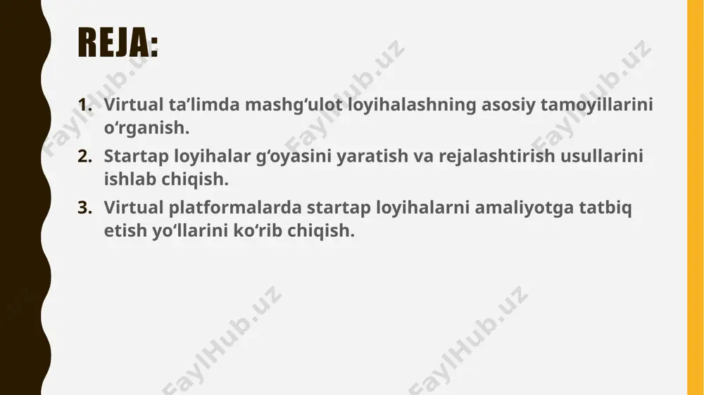 ada, mashg‘ulotlar o‘quvchining amaliy ko‘nikmalarini shakllantirishi va mustaqil fikrlash qobiliyatini rivojlantirishi kerak. startap loyihalar g‘oyasini yaratish va rejalashtirish usullarini ishlab chiqish. startap loyihalar g‘oyasini yaratish va rejalashtirish usullarini ishlab chiqish — bu yangi, innovatsion mahsulot yoki xizmat uchun asosiy fikrni shakllantirish va uni amalga oshirish rejalarini tuzish jarayonidir. g‘oya yaratishda avvalo, bozorda mavjud muammolar va ehtiyojlarni aniqlash muhim ahamiyatga ega. yaxshi startap g‘oyasi odatda odamlarga kundalik hayotda duch keladigan qiyinchiliklarga amaliy yechim topishga qaratiladi. ilk bosqichda "miya shturmi" (brainstorming), swot tahlil (kuchli va zaif tomonlar, imkoniyatlar va tahdidlar tahlili) kabi metodlardan foydalaniladi. g‘oya aniqlangach, uni aniq va qisqa shaklda ifodalash, ya’ni g‘oya konsepsiyasini ishlab chiqish lozim. keyin esa, g‘oyani rejalashtirish bosqichiga o‘tiladi: bu jarayonda mahsulotni ishlab chiqish, maqsadli auditoriyani aniqlash, bozorga kirish strategiyasini belgilash va dastlabki biznes-rejani tuzish kerak bo‘ladi. shuningdek, raqobatchilarni o‘rganish va moliyaviy xarajatlar tahlilini qilish ham muhim hisoblanadi. startapni muvaffaqiyatli boshlash uchun risklarni oldindan aniqlab, ularga qarshi …