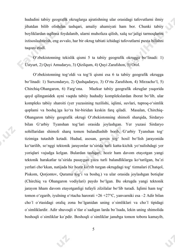 , asosan, gersin tog‘ hosil bo‘lish jarayonida ko‘tarilib, so‘nggi tektonik jarayonlar ta’sirida turli katta-kichik yo‘nalishdagi yer yoriqlari vujudga kelgan. bulardan tashqari, hozir ham davom etayotgan yangi tektonik harakatlar ta’sirida pasaygan yuza turli balandliklarga ko‘tarilgan, ba’zi yerlari cho‘kkan, natijada biz hozir ko‘rib turgan okrugdagi tog‘ tizmalari (chatqol, piskom, qorjontov, qurama tog‘i va boshq.) va ular orasida joylashgan botiqlar (chirchiq va ohangaron vodiylari) paydo bo‘lgan. bu okrugda yangi tektonik jarayon hham davom etayotganligi tufayli zilzilalar bo‘lib turadi. iqlimi ham tog‘ tomon o‘zgarib, iyulning o‘rtacha harorati +26 +27°c, yanvarniki esa –2 adir bilan cho`l o`rtasidagi oraliq zona bo`lganidan uning o`simliklari va cho`l tipidagi o`simliklardir. adir shuvoqli o`tlar o`sadigan larda bo`lsada, lekin uning shimolida boshoqli o`simliklar ko`pdir. boshoqli o`simliklar janubga tomon tobora kamayib, shuvoq o`tlar ko`paya boradi, sho`ra ham ancha ko`p uchray boshlaydi–14°c atrofida bo‘ladi. adir mintaqasi tavsifi adirlar – oʻrta osiyo togʻlarining past-baland etaklari. a. uchlamchi va toʻrtlamchi davrlarning togʻ jinslari-dan tashkil topgan. …