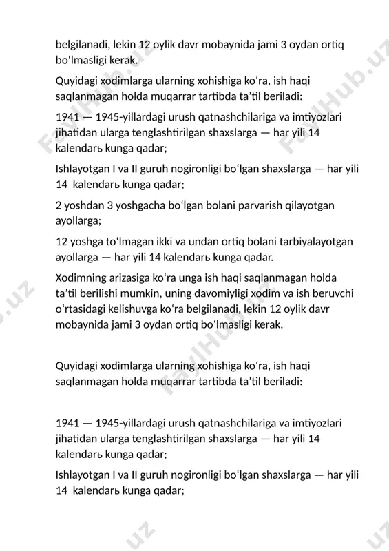 rga; o‘rindoshlik asosida ishlayotganlarga — asosiy ish joyidagi ta’til bilan bir vaqtda, o‘rindoshlik asosida ishlagan vaqtiga mutanosib ravishda haq to‘lagan holda; ishlab chiqarishdan ajralmagan holda ta’lim muassasalarida (umumiy ta’lim maktablarida, oliy va o‘rta maxsus, kasb-hunar o‘quv yurtlarida, kadrlarning malakasini oshirish, ularni tayyorlash va qayta tayyorlash institutlari va kurslarida) o‘qiyotganlarga; texnologiyadagi, ishlab chiqarish va mehnatni tashkil etishdagi o‘zgarishlar, xodimlar soni (shtati) yoki ishlar xususiyati o‘zgarishiga olib kelgan ishlar hajmining qisqarganligi yoxud korxonaning tugatilganligi munosabati bilan ishdan ozod etilgan xodimlarga. quyidagilarga ularning yoshi va sog‘lig‘i holatini hisobga olib, yillik uzaytirilgan asosiy ta’til beriladi: 18 yoshga to‘lmagan shaxslarga — 30 kalendarь kun; ishlayotgan i va ii guruh nogironlariga — 30 kalendarь kun. ayrim toifadagi xodimlarga ularning mehnat vazifalarining o‘ziga xos jihatlari va xususiyatlarini hamda boshqa holatlarni e’tiborga olib, qonunchilikka muvofiq uzaytirilgan ta’tillar belgilanadi. pedagoglarga – 48 kalendarь kun; pilotlar (uchuvchilar) – 45 kalendarь kun; deputat, senatorlar, sudьyalar – 36 kalendarь kun; prokuratura organlari …