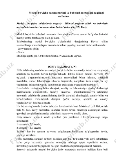 modul bo‘yicha nazorat turlari va baholash mezonlari haqidagi ma’lumot — DOCX
