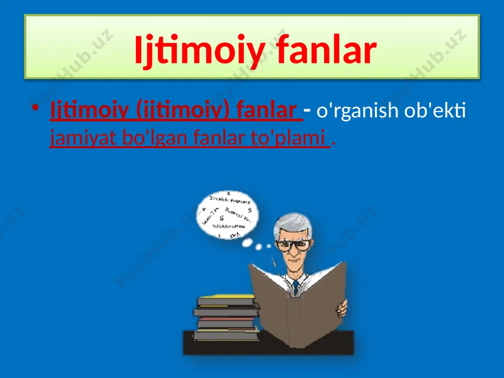 o, deb aytiladi. psixologiya nima uchun odam u yoki bu tarzda o'zini tutadi degan savolga javob berishi kerak . madaniyatshunoslik madaniyatshunoslik (yun. lós — soʻz, taʼlimot) — madaniyatni oʻrganuvchi fan. madaniyatshunoslik 19- asrda paydo boʻlgan. u odamlarni butun insoniyatning turli madaniyatlarining ma'naviy boyliklari bilan tanishtiradi. madaniyatshunoslik turli davrlarni o'rganadi: diniy arkaik zamonaviy va boshqalar. eslash kerak bo'lgan narsalar! ijtimoiy fanlar : tarix, falsafa, sotsiologiya, madaniyatshunoslik, psixologiya tarix insoniyatning o'tmishini o'rganadi falsafa dunyoni tushunadi falsafa materializm va idealizmni o'rganadi sotsiologiya jamiyatni o‘rganadi psixologiya inson psixikasini o'rganadi madaniyatshunoslik insoniyat madaniyatini o‘rganadi falsafa tushunchasi pifagor ( miloddan avvalgi 6- asr) pilosofia philin - sevmoq syofia - donolik mavzu bo'yicha uchta fikr falsafa koinotning eng umumiy qonunlari haqidagi fan (butun dunyo haqida) dogmalardan xoli, ammo ilmiy darajaga yetmagan bilim aniqlik dunyoning o'zini emas, balki inson va dunyo o'rtasidagi munosabatlarni o'rganish rassell aristotel falsafaning asosiy tarmoqlari falsafa ontologiya (metafizika) epistemologiya (gnoseologiya) etika (aksiologiya) borliq haqidagi …