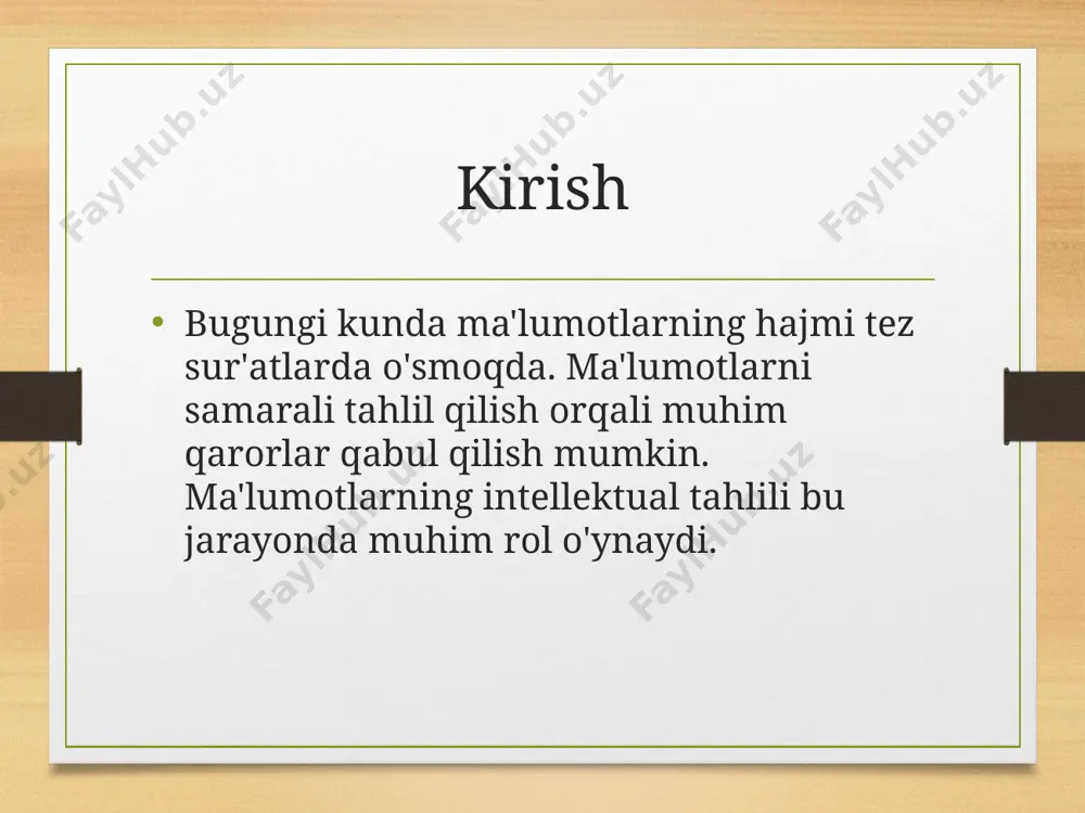 ilish 4. ta'lim: talabalarning o'zlashtirishini tahlil qilish 5. sanoat: ish samaradorligini oshirish google misoli google foydalanuvchilarning qidiruv so'rovlarini tahlil qilib, eng mos natijalarni taqdim etadi. bunda ma'lumotlarning intellektual tahlili asosiy rol o'ynaydi. amazon misoli amazon xaridorlarning xarid qilish tarixini tahlil qilib, ularga mos mahsulotlarni tavsiya qiladi. bu orqali sotuvlar hajmi oshiriladi. xulosa ma'lumotlarning intellektual tahlili turli sohalarda katta ahamiyat kasb etmoqda. kelajakda katta ma'lumotlar (big data) va sun'iy intellekt texnologiyalarining rivojlanishi bilan bu tahlil yanada samarali bo'ladi. foydalanilgan adabiyotlar 1. ma'lumotlar tahlili asoslari. oliy o'quv yurtlari uchun qo'llanma. 2. data mining texnologiyalari. 3. sun'iy intellekt va intellektual tahlil. 4. internet manbalari. image5.png image6.png image3.png image4.png /docprops/thumbnail.jpeg