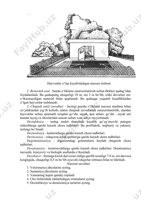ig‘ib kelinib, ularni chiqindi zavodlarida zararsizlantirilib, ulardan hayvonlar uchun qimmatli oziqalar go‘sht, suyak, qon unlari, go‘sht - suyak uni hamda tuyoq va shoxlaridan sanoat uchun xom ashyo tayyorlanadi. dezinfeksiya – tashqi muhit sharoitida kasallik qo’zg’atuvchi patogen mikroblarga qarshi kurash chora tadbirlari. bu profilaktik, majburiy va yakuniy turlarga bo’linadi. dezinseksiya - hashoratlarga qarshi kurash chora tadbirlari. dezinvaziya - oshqozon ichak qurtlariga qarshi kurash chora tadbirlari. degelmintizatsiya - organizmdagi gelmintlarni haydab chiqarish chora tadbirlari. deratizatsiya - kemiruvchilarga qarshi kurash chora tadbirlari. deratizatsiya mexanik, kimyoviy va biologik usullarda o‘tkaziladi. dezobarer - fermaga kirish darvozasi oldiga qurilib uzunligi 7-9 m, eni darvoza kengligida, chuqurligi 0,5 m bo‘lib uyuvchi ishqorlar eritmasi bilan to‘ldiriladi. nazorat savollari. 1. veterinariya jihozlarini ayting. 2. sanitariya jihozlarini ayting 3. vannaning hajmi qanday topiladi 4. cho‘miltirishda ishlatiladigan eritmalarni ayting 5. dezinfeksiya va deratizatsiya turlarini ayting. image1.png