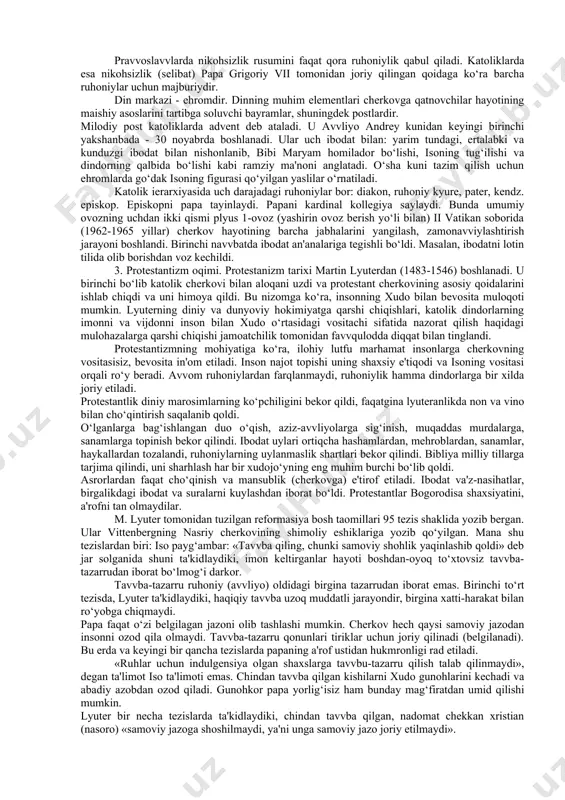 bilan kurashish masalalari ko‘rilgan. xristian cherkovining katolik va pravvoslavv cherkovlariga ajralib ketishi rim papasi va istanbul patriarxining xristian olamida etakchilik uchun olib borgan raqobati oqibatida vujudga keldi. ajralish jarayoni rim imperiyasining g‘arbiy va sharqiy tafovutlari o‘sib chuqurlashib borayotgan asrlardayoq boshlangan edi. 867 yillar orasida papa nikolay va istanbul patriarxi fetiy orasida uzil-kesil ajralish ro‘y berdi va bu ajralish 1054 yili rasman tan olindi. xvi asr boshlarida katolisizmdan bir necha evropa cherkovlari ajralib chiqishi natijasida xristianlikda protestantlik harakatlari vujudga keldi. buning doirasida lyuteranlik, baptizm, anglikanlik va kalvinizm cherkovlari shakllandi. bular bir cherkovning asosiy marosimlari jihatidan o‘zlariga xos bo‘lgan tomonlarga ega bo‘lish bilan bir qatorda, bular ham o‘z navvbatida bir necha yo‘nalishlar, mazhablar va oqimlarga bo‘lindi. 1. pravvoslavv oqimi. pravvoslavv oqimi xristianlikning uch asosiy yo‘nalishidan biri o‘laroq, tarixan uning sharqiy shahobchasi sifatida ro‘yobga chiqdi va shakllandi. bu oqim asosan sharqiy evropa, yaqin sharq va bolqon mamlakatlarida tarqalgan. pravvoslavv atamasi yunoncha ortodoksiya so‘zidan …