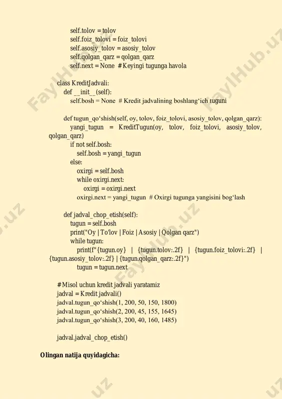 yxat kabi ishlaydi. har bir qo‘shiq keyingisiga ulanadi va foydalanuvchi qo‘shiqni almashtirganda navbatdagi qo‘shiqga o‘tadi. – yangi qo‘shiq qo‘shish – tugun sifatida ro‘yxatga qo‘shiladi. – keyingi qo‘shiqni ijro qilish – hozirgi qo‘shiq ro‘yxatdan o‘chiriladi va keyingisi boshlanadi. bog‘langan ro‘yxatning afzalliklari – dinamik xotira boshqaruvi – kerak bo‘lganda element qo‘shish va o‘chirish mumkin. – elementlarni kiritish va o‘chirish o(1) vaqt talab qiladi (massivga nisbatan tezroq). – moslashuvchan – turli xil strukturaga ega bo‘lishi mumkin. chiziqli bog‘langan ro‘yxatlarni mantiqiy tasvirlash chiziqli bog‘langan ro‘yxatni tasvirlash uchun uning tuzilishini grafik yoki mantiqiy ko‘rinishda ko‘rsatish mumkin. har bir element (tugun) o‘zining qiymatini (data) va keyingi elementga ishora qiluvchi (next) maydonni o‘z ichiga oladi. 1. oddiy chiziqli bog‘langan ro‘yxat (singly linked list) mantiqiy tasviri quyidagicha: head → [data | next] → [data | next] → [data | none] misol uchun, agar biz quyidagi elementlardan iborat bog‘langan ro‘yxatga ega bo‘lsak: 10 → 20 → 30 → none …