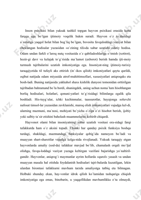 l etishda foydalanish hodisalari tajri-balarda kuzatilgan, lekin ulardan birontasi tafakkurni mavhum tarzda amaliyotga tatbiq eta bilmagan. holbuki shunday ekan, hay-vonlar idrok qilish ko`lamidan tashqariga chiqish imkoniyatiga ega emas, binobarin, u yaqqollikdan mavhumlikka o`ta olmaydi, hatto bun-day vaziyatni aks ettirish imkoni ham yo`q. hayvon yaqqollik, bevo-sita idrok qilishlikni quli bo`lsa, aksincha inson mavhum fikr-lashning gultojisidir. inson bilan hayvon o`rtasidagi bu boradagi tafovut quyidagilarda mujassamlashadi: a) shaxsning xulq-atvori, faoliyati yaqqollikdan mavhum holatga o`tish imkoniyatiga ega; b) fav-quloddagi vaziyat munosabati tufayli vujudga kelishi ehtimol oqibat-ni oldindan payqash layoqati mavjud; v) qiyinchiliklar uchrasa, ularni yengish uchun qo`shimcha vositalar qo`llash, o`zgartirishlar kiritish bilan ajralib turadi. shuning uchun avtomobil ishdan chiqsa inson uni sozlaydi, yomg`ir yog`sa narsalarni panaga oladi, ayb ish qilib qo`ysa himoyalanish yo`l-yo`riqlarini o`ylaydi, muammo yechimini qidiradi va hokazo. shaxs favquloddagi vaziyatning quliga aylanmaydi, ak-sincha u kelajakni ko`ra bilishga qodir, aql-farosat esa bashorat qilish imkoniyatini yaratadi. faoliyat mahsulini oldindan payqash, fe`l-atvor oqibatini ilgarilab ketib …