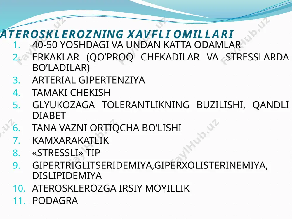 gi patologik jarayonlar natijasida miokardga qon kelishining kamayishi yoki to’xtashi sababli yurak mushagining o’tkir va surunkali zararlanishi. etiologiyasi yurak toj arteriyalarini stenozlaydigan aterosklerotik zararlanishi toj arteriyalar spazmi o’tkinchi trombotsitlar qorishmasi yuik tasnifi (bjsst, 1979) 1. qo’qqisdan koronar o’lim. 2. stenokardiya: 2.1. zo’riqish stenokardiyasi: i – iv fs 2.1.1. ilk paydo bo’lgan. 2.1.2. muqim. 2.1.3. zo’rayib boruvchi. 2.2. spontan stenokardiya. 2.2.1. stenokardiyaning alohida shakli (prinsmetal stenokardiya). 3. miokard infarkti. 3.1. mayda o’choqli (intramural). 3.2. yirik o’choqli (transmural). 4. infarktdan keyingi kardioskleroz. 5. yurak yetishmovchiligi. 6. yurak ritmining buzilishi. yuik tasnifi (uzbekiston kardiologlari iv s'ezdida qabul qilingan o’zgarishlar bilan, 2000 ) 1. qo’qqisdan koronar o’lim (yurakning birlamchi to’xtab qolishi) 2. stenokardiya 2.1. barqaror zo’riqish stenokardiyasi i funksional sinf ii funksional sinf iii funksional sinf iv funksional sinf 2.2. nomuqim stenokardiya · birinchi marta paydo bo’lgan stenokardiya. · avj olib boruvchi zo’riqish stenokardiyasi · angiospastik stenokardiya · infarktdan keyingi erta stenokardiya · operatsiyadan …