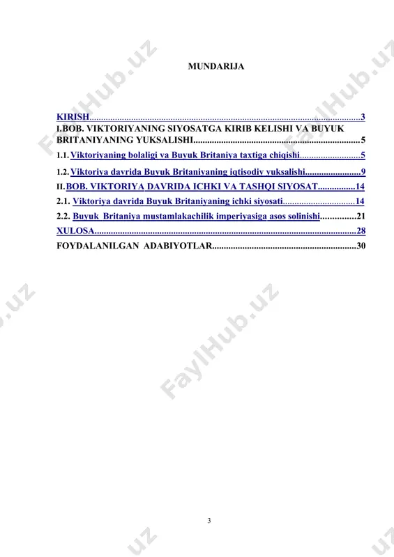 g paydo boʻlishiga olib keldi, turmush darajasi asta-sekin oshdi. sanoatning rivojlanishi yangi kasbiy imkoniyatlarni ochib berdi - masalan, mashinistlarga boʻlgan talabning ortib borishi savodli ayollarning katta qismiga hayotlarida birinchi marta ish topishga imkon berdi. bu davrdagi ijtimoiy munosabatlar va qirolicha viktoriya bilan ijtimoiy guruhlarning qarama qarshiligi, mustamlakalar bilan munosabatdagi jarayonlar bir qancha muammolarni keltirib chiqardi. bu muammolarni keltirib chiqargan omillarni tahlil qilish mavzuning dolzarbligi hisoblanadi. mavzuning maqsadi va vazifalari: buyuk britaniyada qirolicha viktoriya davrida amalga oshirilgan ishlari boʻyicha ma’lumot berish bo‘yicha bilim va dunyoqarashni boyitish, ularda noyob tarixiy voqea hodisalarga nisbatan qiziqishni uyg‘otish, fanning tarixiy va nazariy xususiyatlarini hind jamiyatida olib borilayotgan ishlar orqali amalga oshirishga qaratilganligi bilan belgilanadi. arxiv manbalar va adabiyotlarni tahliliy o’rganilib ingiliz siyosati harakatining muommolari ularning o’rganish natijalari, tadqiqotchilar xulosasini qiyoslab yangi asoslarda tadqiq etish. ingiliz xalqining oʻrta asrlar davlatchiligi tarixida amalga oshirilgan siyosat harakatlarining siyosiy-tarixiy jarayonlarida tutgan mavqeini yoritib berishdan iborat. kurs ishi obyekti va …