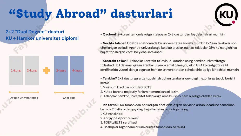 va phd dasturlariga oʻqishga jalb qilish imkonini berish uchun tashkil etilgan. bu xususiy va davlat sektorining bo'lajak xorijiyistiqbolli talabalariga ustuvor ta'lim yo'nalishlari bo'yicha imkoniyat beradi va rivojlanayotgan mamlakatlardan 25 yoshgacha bo'lgan abituriyentlarni magistraturaga, 30 yoshgacha bo'lgan abituriyentlarni esa rivojlanayotgan va sanoati rivojlangan mamlakatlardan phd darjasida rag'batlantiradi. “study abroad” dasturlari magistratura uchun grantlar 1-kurs 2-kurs 3-kurs 4-kurs qo’qon universitetida chet elda 1 yoki 2 yil stipendium hungaricum stipendium hungaricum - vengriya hukumati tomonidan butun dunyodan kelgan xalqaro talabalarga vengriyada o'qishni davom ettirishni istaganlar uchun stipendiya dasturi. dastur bakalavriat, magistratura va doktorantura dasturlari uchun stipendiyalarni taklif etadi. grantlar o'qish to'lovlari, turar joy va oylik pul mablag’ini o'z ichiga oladi. talablar: bakalavriatni tamomlagan bo’lishi; cv; letter of motivation; transkript; til sertifikati; sog’lik bo’yicha sertifikat; boshqalar (talabga ko’ra). “study abroad” dasturlari magistratura uchun grantlar 1-kurs 2-kurs 3-kurs 4-kurs qo’qon universitetida chet elda 1 yoki 2 yil chevening chevening stipendiyasi buyuk britaniya hukumati tomonidan butun …