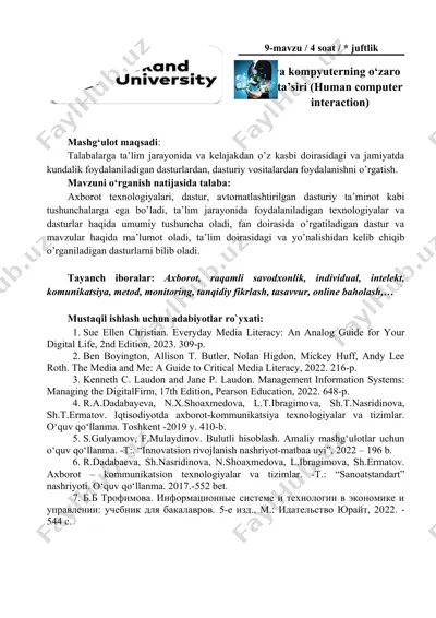 inson va kompyuterning o‘zaro ta’siri (human computer interaction) — DOC