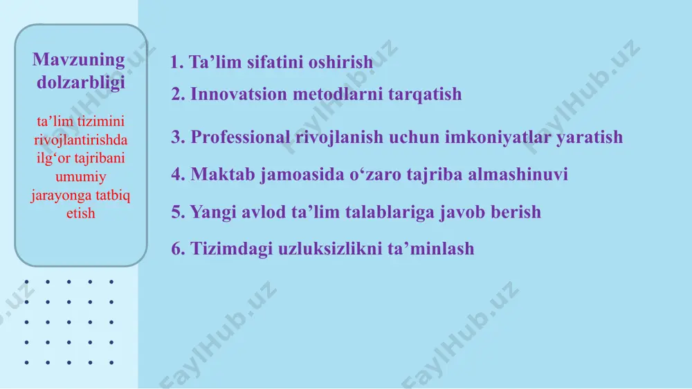 tijalarga erishish imkoniyatini yaratishdir. vazifalar ilgʻor pedagogik tajribalarni aniqlash va tahlil qilish tajriba almashinuvi va metodlarni ommalashtirish mexanizmini ishlab chiqish ilgʻor tajribalarni amaliyotga tatbiq etish metodik qoʻllanmalar va resurslarni ishlab chiqish nazorat va tahlil mexanizmini joriy etish motivatsiya va ragʻbatlantirish tizimini yaratish muammo yuzasidan xorijiy tajribalarni o‘rganilganligi yaponiya germaniya kanada yaponiyada taʼlim jarayonida ilgʻor pedagoglarning tajribasini ommalashtirish quyidagi xususiyatlar bilan ajralib turadi: lesson study (dars tadqiqoti) amaliyoti keng qoʻllaniladi. bu jarayonda oʻqituvchilar guruhlari dars jarayonlarini birgalikda rejalashtirib, tahlil qiladi va tajriba asosida takomillashtiradi. har bir maktabda doimiy ravishda oʻqituvchilar uchun oʻquv-seminarlar va malaka oshirish kurslari tashkil etiladi. shaxsiy pedagogik yondashuvlarni oʻzaro baham koʻrish majburiy hisoblanadi, bu orqali hamkorlik madaniyati shakllanadi germaniyada ilgʻor pedagogik tajribalarni ommalashtirish davlat va maxsus institutlar tomonidan qoʻllab-quvvatlanadi: bildungsstandards (taʼlim standartlari) asosida ilgʻor tajribalarni umumiy tizimga integratsiya qilishga eʼtibor qaratiladi. oʻqituvchilarning malakasini oshirish uchun didaktik markazlar faoliyat yuritadi.raqamli texnologiyalar va innovatsion usullardan foydalanishni ragʻbatlantiruvchi davlat dasturlari amalga …