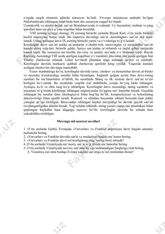 nare nuovo bazilikasida shu xususiyat o‘z ifodasini topgai. cho‘ziq-bazilika tipida ishlangan bu ibo-datxonaning markaziy keng nefi tepadagi darchalardan tushayot-gan nurlar hisobiga yanada tantanavorlik kashf etadi. yon nef-lar ustunlarning ritmini yanada oshiradi. asosiy diqqatni di-niy marosimlar o‘tadigan maydonga yo‘naltiradi. ravennadagi markaziy qubbali san vitale cherkovi (521— 547)ning ichki qismi — devor va pollari rangga boy mozaika bilan bezatilgan, rangli marmar bilan pardozlangan. vizantiya me’morligi uslubi grek va rim me’morligi tra-ditsiyalarining mahalliy traditsiyalar bilan uyg‘unlashishidan vujudga keldi. jumladan, konstantinopoldagi sofiya ibodat-xonasi o‘z konstruktiv tuzilishi jihatidan panteon ibodat-xonasi konstruksiyasiga o‘xshab ketadi, lekin bu o‘xshashlik bir-muncha yashiringan holda talqin etilishi bilan xarakterlana-di vizantiya san’atida rangtasvir yetakchi o‘rinni egallaydi. bu yerda birinchi bor haykaltaroshlik o‘zining yetakchiligini yo‘qotdi. shu yerdan antik mavzudan yangi xristian mavzusiga o‘tish amalga oshirila boshlandi. iso obrazining ikonagrafik tasviri, apostollar, bibi maryam va avliyolar tasviri ikono-grafiyasi yaratilib, boshqa yerlarga tarqatildi. vizantiya rangtasvirining nodir namunasi — xii asr bi-rinchi yarmida konstantinopollik usta tomonidan …