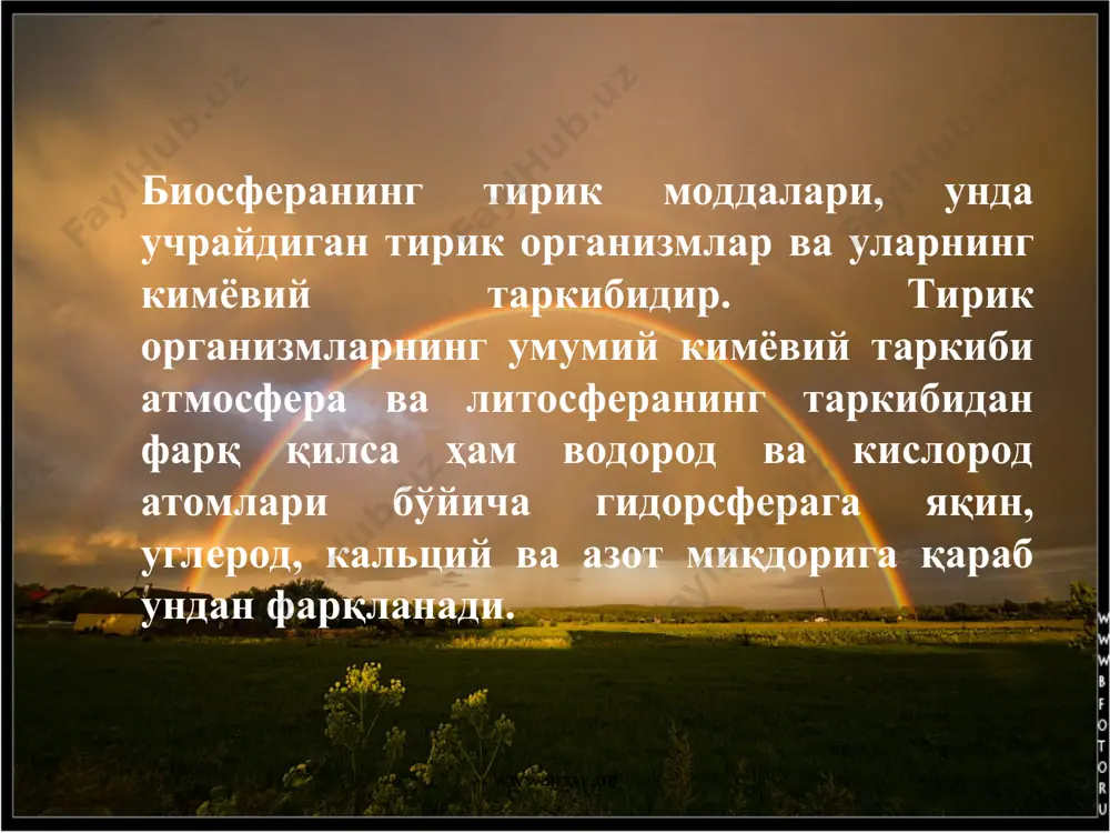т ўртасидаги муносабатда асосий куч-ақл-идрок хисобланади. одамнинг ақлий фаолияти тараққиётнинг асосий фактори хисобланади www.arxiv.uz www.arxiv.uz инсоннинг биосферадаги роли. 1. ўрмонларнинг кесилиши, янги ерларнинг ўзлаштирилиши 2.суғориш ишларида, унумсиз ерларнинг ошиши, дарё сувларининг қуриши. 3. кимёвий уғитлардан фойдаланиш. 4. зараркунанда хашоратлар ва ўсимликларга қарши курашишда кимёвий воситлардан фойдаланиш. www.arxiv.uz www.arxiv.uz