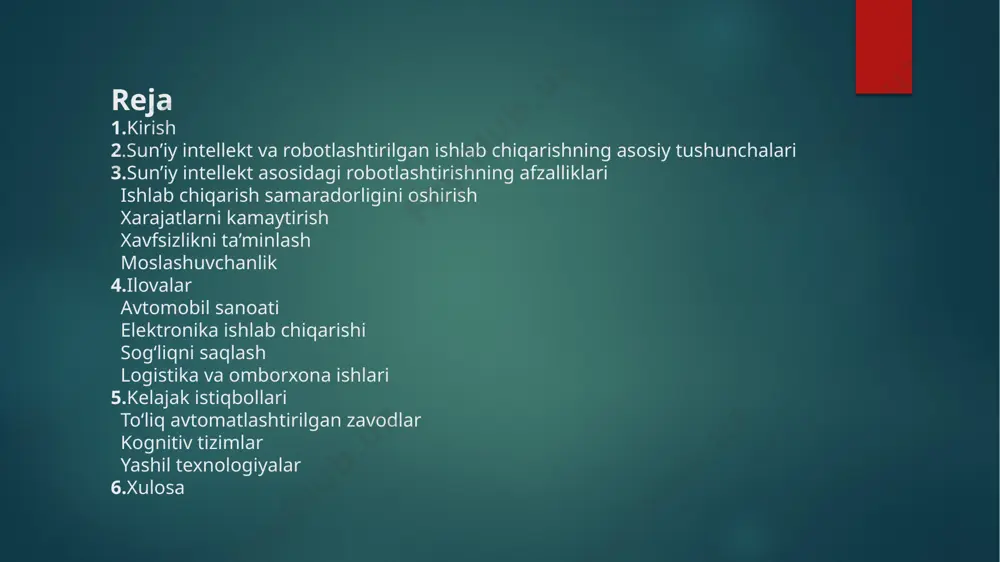 kamaytiradi. ular uzoq vaqt davomida charchamasdan ishlay oladi. 3.xavfsizlikni ta’minlash: inson hayoti uchun xavfli bo‘lgan vazifalarni robotlar bajaradi. masalan, yuqori haroratli yoki toksik muhitda ishlash. 4.moslashuvchanlik: sun’iy intellekt asosidagi tizimlar o‘zini o‘zi o‘rganish imkoniga ega bo‘lib, ishlab chiqarish sharoitlariga tez moslashadi. ilovalar 1.avtomobil sanoati: avtomobillarni yig‘ish jarayonida robotlar payvandlash, bo‘yash va komponentlarni birlashtirish kabi vazifalarni bajaradi. tesla va toyota kabi kompaniyalar ushbu texnologiyalarni keng qo‘llab kelmoqda. 2.elektronika ishlab chiqarishi: smartfon, noutbuk va boshqa elektron qurilmalar ishlab chiqarishda yuqori aniqlik talab qilinadi. robotlar mikrokomponentlarni o‘rnatish va sinovdan o‘tkazishda juda samarali. 3.sog‘liqni saqlash: dori-darmon ishlab chiqarishda va jarrohlik operatsiyalarida robotlar foydalaniladi. masalan, da vinci robotik jarrohlik tizimi yuqori aniqlik bilan operatsiyalarni amalga oshiradi. 4.logistika va omborxona ishlari: sun’iy intellekt asosidagi robotlar mahsulotlarni saralash, qadoqlash va jo‘natish vazifalarini bajaradi. amazon va alibaba kabi yirik kompaniyalar bu sohada yetakchi hisoblanadi kelajak istiqbollari sun’iy intellekt va robototexnika texnologiyalari kelajakda quyidagi yo‘nalishlarda yanada rivojlanishi kutilmoqda: to‘liq …
