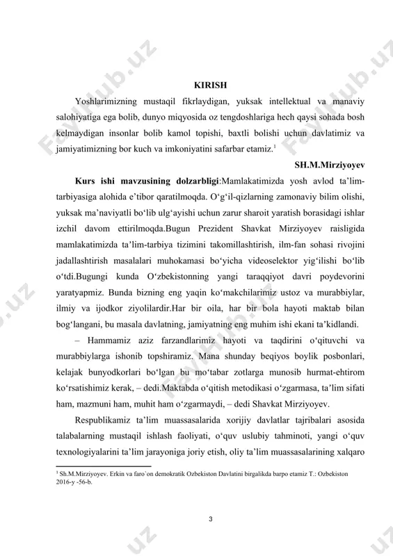 or yigʻilishi boʻlib oʻtdi.bugungi kunda oʻzbekistonning yangi taraqqiyot davri poydevorini yaratyapmiz. bunda bizning eng yaqin koʻmakchilarimiz ustoz va murabbiylar, ilmiy va ijodkor ziyolilardir.har bir oila, har bir bola hayoti maktab bilan bogʻlangani, bu masala davlatning, jamiyatning eng muhim ishi ekani taʼkidlandi. – hammamiz aziz farzandlarimiz hayoti va taqdirini oʻqituvchi va murabbiylarga ishonib topshiramiz. mana shunday beqiyos boylik posbonlari, kelajak bunyodkorlari boʻlgan bu moʻtabar zotlarga munosib hurmat-ehtirom koʻrsatishimiz kerak, – dedi.maktabda oʻqitish metodikasi oʻzgarmasa, taʼlim sifati ham, mazmuni ham, muhit ham oʻzgarmaydi, – dedi shavkat mirziyoyev. respublikamiz ta’lim muassasalarida xorijiy davlatlar tajribalari asosida talabalarning mustaqil ishlash faoliyati, o‘quv uslubiy tahminoti, yangi o‘quv texnologiyalarini ta’lim jarayoniga joriy etish, oliy ta’lim muassasalarining xalqaro ilmiy ta’lim mussasalari bilan xamkorlik aloqalar o‘rnatishi, o‘quv jarayoniga, xalqaro ta’lim standartlariga asoslangan pedagogik texnologiyalar va o‘quv uslubiy materiallarni joriy qilishning mhyoriy asoslari yaratildi va ta’lim muassasalarining infrastruktusi rivojlantirildi. “yoshlarni jismonan sog‘lom, ruhan va aqlan rivojlagan, vatanga sodiq, qahtiy hayotiy …