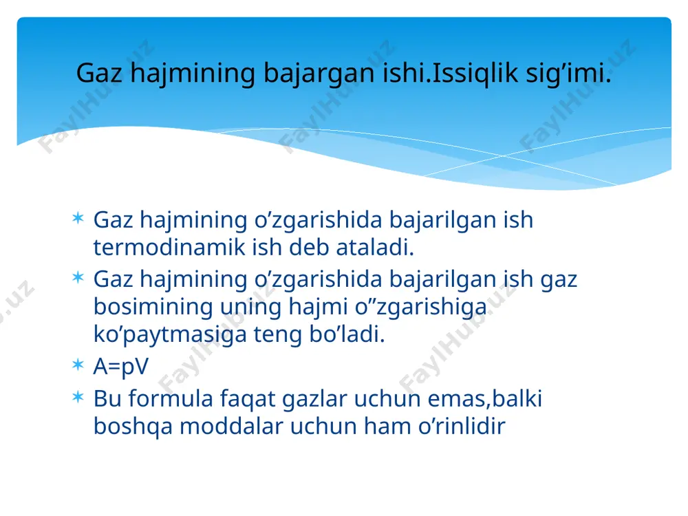 bajaradi va soviydi, 3. uning ichki energiyasi harakatlanuvchi mexanizm (porshen)ning mexanik energiyasiga aylanadi. 4. issiqlik mashinalarida sikl deb ataladigan jarayonlarda ichki energiyaning mexanik energiyaga aylanishi amalga oshadi. har qanday issiqlik mashinasining ishlashi uchun ishchi jism, isitgich va sovitgich bo’lishi zarurligini ko’rsatdi. ishchi jism isitgich sovutgich issiqlik mashinalarining asosiy qismi karno sikli issiqlik mashinalari uchun ideal issiqlik mashinasining fik real issiqlik mashinasining fik t1-isitgichning harorati, t2-sovitgichning harorati, q1 - isitgichdan olingan issiqlik miqdori, q2 - sovitgichga berilgan issiqlik miqdori. real issiqlik mashinasining fik issiqlik mashinasining grafigi soat strelkasi bo’yicha harakatlanadi ichki yonuv dvigateli iv takt. chiqarish. 2 klapan ochiladi. 1 klapan yopiq. porshen yuqoriga harakatlanadi. yonish mahsulotlari ochiq klapandan atmosferaga chiqib ketadi. i takt. so’rish. 1 klapan ochiladi. 2 klapan yopiq. pastga tomon harakatlanuvchi porshen silindr ichiga yonuvchi aralashmani so’rib oladi. ii takt. siqish. har ikkala klapan yopiq. yuqoriga tomon harakatlangan porshen yonuvchi aralashmani siqadi. aralashma siqilganda qiziydi. iii takt. ishchi …