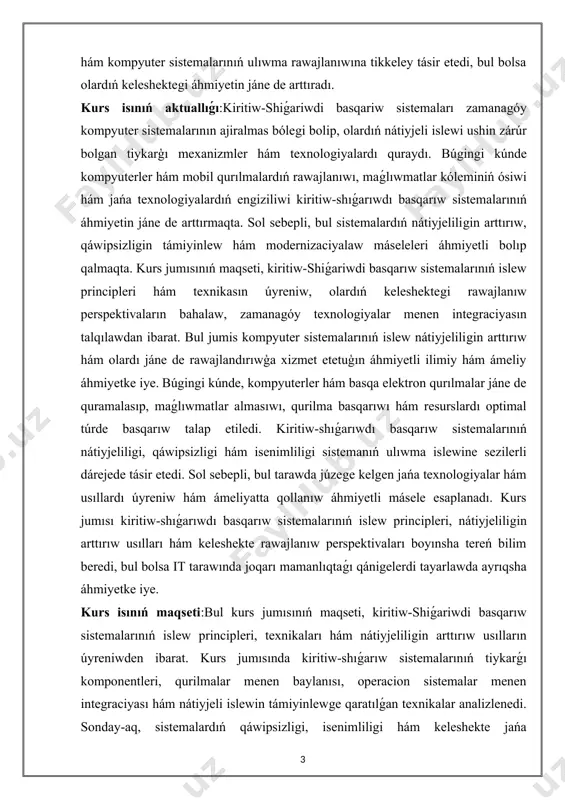 jańa texnologiyalardıń engiziliwi kiritiw-shıǵarıwdı basqarıw sistemalarınıń áhmiyetin jáne de arttırmaqta. sol sebepli, bul sistemalardıń nátiyjeliligin arttırıw, qáwipsizligin támiyinlew hám modernizaciyalaw máseleleri áhmiyetli bolıp qalmaqta. kurs jumısınıń maqseti, kiritiw-shiǵariwdi basqarıw sistemalarınıń islew principleri hám texnikasın úyreniw, olardıń keleshektegi rawajlanıw perspektivaların bahalaw, zamanagóy texnologiyalar menen integraciyasın talqılawdan ibarat. bul jumis kompyuter sistemalarınıń islew nátiyjeliligin arttırıw hám olardı jáne de rawajlandırıwģa xizmet etetuģın áhmiyetli ilimiy hám ámeliy áhmiyetke iye. búgingi kúnde, kompyuterler hám basqa elektron qurılmalar jáne de quramalasıp, maǵlıwmatlar almasıwı, qurilma basqarıwı hám resurslardı optimal túrde basqarıw talap etiledi. kiritiw-shıǵarıwdı basqarıw sistemalarınıń nátiyjeliligi, qáwipsizligi hám isenimliligi sistemanıń ulıwma islewine sezilerli dárejede tásir etedi. sol sebepli, bul tarawda júzege kelgen jańa texnologiyalar hám usıllardı úyreniw hám ámeliyatta qollanıw áhmiyetli másele esaplanadı. kurs jumısı kiritiw-shıǵarıwdı basqarıw sistemalarınıń islew principleri, nátiyjeliligin arttırıw usılları hám keleshekte rawajlanıw perspektivaları boyınsha tereń bilim beredi, bul bolsa it tarawında joqarı mamanlıqtaǵı qánigelerdi tayarlawda ayrıqsha áhmiyetke iye. kurs isınıń maqseti:bul …
