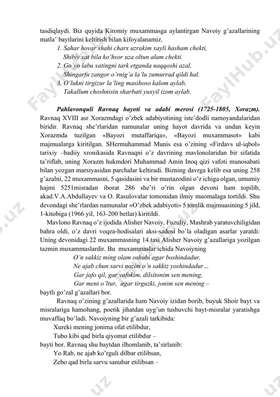 n foydalanib, ular asarlarida uchraydigan arabcha so’zlarning o’zbek tilidagi ma’nolarini sharhlagan. misol sifatida mazkur shoirlar asarlaridan arabcha so’zlar ishlatilgan baytu misralar keltirgan. asar 28 bobdan iborat, o’ziga xos alifbo tartibida tuzilgan. har bir harfga taalluqli qism «kitob» deb ataladi (kitobul – alif, kitobul-be, kitobut te kabi). u lug’atshunoslikka doir ko’pgina sohalar, jumladan, badiiy adabiyot, astronomiya, arxitektura, biologiya, zoologiya, falsafa, huquq, fikh va b. fanlardan ma’lumot beruvchi qomusiy asardir. xoksor ma’lum bir asar tarkibidagi arabcha so’zning tarjimasini, lug’aviy, istilohiy ma’nosini ochish uchun she’riy dalil keltiradi. ayniqsa navoiyning asarlariga, dostonlariga ko’p murojaat qiladi. masalan «hakkok» so’zining o’zbekcha ma’nosini «dur teshuvchi» deb izohlagandan so’ng, navoiy «sa’bai sayyor» da buyururlar» deb durni suf taylamak aro hakkok, ko’p qilur sahv bor esa bebok – baytini keltiradi. «hasab» - fazl, hunar ulug’lik», «banno va me’mor» imorat qiluvchi usta ma’nolarida ekanligi dalili uchun «saddi iskandariy», «farhod va shirin», dostonlaridan dalillar keltiradi. unda adabiyot, san’at, musiqa, she’rshunoslikka oid …