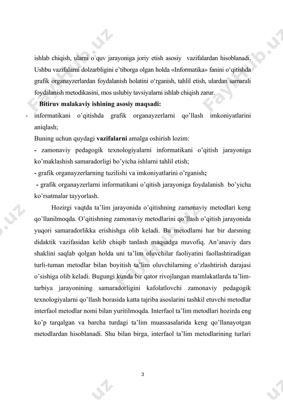 a jarayonining samaradorligini kafolatlovchi zamonaviy pedagogik texnologiyalarni qo’llash borasida katta tajriba asoslarini tashkil etuvchi metodlar interfaol metodlar nomi bilan yuritilmoqda. interfaol ta’lim metodlari hozirda eng ko’p tarqalgan va barcha turdagi ta’lim muassasalarida keng qo’llanayotgan metodlardan hisoblanadi. shu bilan birga, interfaol ta’lim metodlarining turlari ko’p bo’lib, ta’lim-tarbiya jarayonining deyarlik hamma vazifalarini amalga oshirish maqsadlari uchun moslari hozirda mavjud. amaliyotda ulardan muayyan maqsadlar uchun moslarini ajratib tegishlicha qo’llash mumkin. bu holat hozirda interfaol ta’lim metodlarini ma’lum maqsadlarni amalga oshirish uchun to’g’ri tanlash muammosini keltirib chiqargan. buning uchun dars jarayoni oqilona tashkil qilinishi, ta’lim beruvchi tomonidan ta’lim oluvchilarning qiziqishini orttirib, ularning ta’lim jarayonida faolligi muttasil rag’batlantirib turilishi, o’quv materialini kichik-kichik bo’laklarga bo’lib, ularning mazmunini ochishda aqliy hujum, kichik guruhlarda ishlash, bahs-munozara, muammoli vaziyat, yo’naltiruvchi matn, loyiha, rolli o’yinlar kabi metodlarni qo’llash va ta’lim oluvchilarni amaliy mashqlarni mustaqil bajarishga undash talab etiladi. interfaol metod biror faoliyat yoki muammoni o’zaro muloqotda, o’zaro bahs-munozarada fikrlash asnosida, …