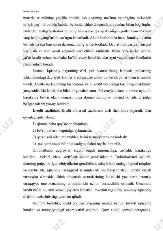 ladi. kredit orqali tarmoqlar o`rtasida ishlab chiqarish resurslarining ko`chishi yuz berib, zaruriy taraqqiyot muvozanatining ta`minlanishi uchun vositachilik qilinadi. umuman, kredit bo`sh pullarni kerakli joylarda ishlatish imkonini tug`dirib, umumiy iqtisodiy o`sishni tezlashtirishga yordam qiladi. ko`rinib turibdiki, kredit o`z vazifalarining amalga oshuvi tufayli iqtisodiy harakat va taraqqiyotdagi ahamiyatini oshiradi. qarz xuddi, yuzaki qaraganda, ikkinchi darajali narsaga o`xshab ko`rinadi. lekin bajaradigan vazi-falari, bozor iqtisodiyotida uning o`rni juda katta ekanligini va usiz bozor iqtisodiyotini tasavvur etib bo`lmasligini ko`ramiz. demak, bozor iqtisodiyoti rivoji uchun kredit tizimini avj oldirish har bir mamlakat uchun o`ta zarur vazifalardandir. kredit bozori mavjud ekan, demak, unda baho bor va shu orqali qarz jarayoni yuzaga kelishi mumkin. baho qarz xaqidan iborat bo`lib, kreditda qarz foizi deyiladi. chunki, u qarz miqdoriga nisbatan foiz hisobi bilan belgilanadi. amalda foiz kreditning bahosidir. agar qarzga talab ortsa, foiz ko`tariladi, kamaysa — pasayadi. bundagi tak-lif harakati ham shunday xususiyatga ega, lekin harakat yo`nalishi aksincha bo`ladi. foiz …