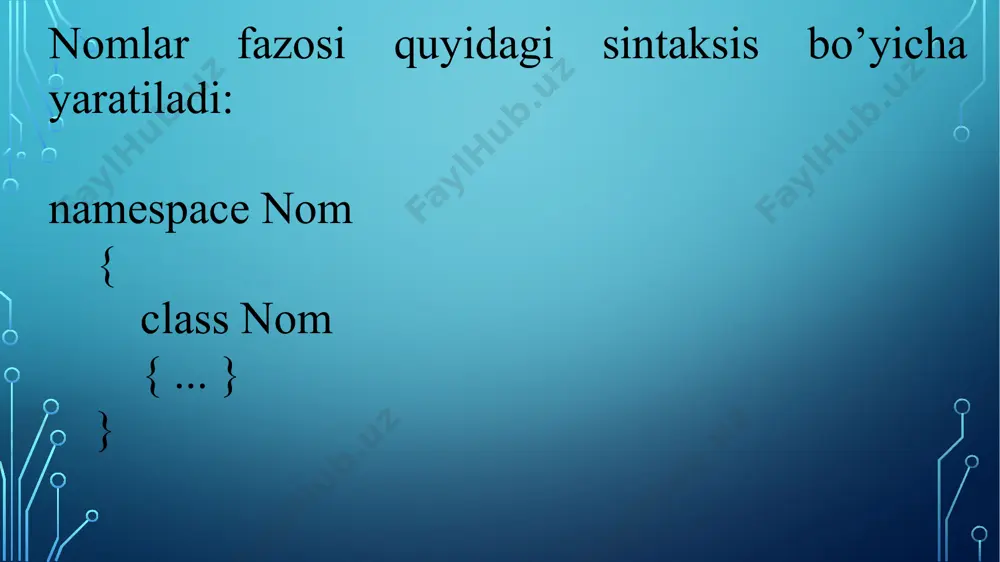 reed(1, 2, 3) ; threed b = new threed(10, 10, 10); threed c; console.write("a nuqta koordinatalari: "); a.show(); console.writeline (); console.write("b nuqta koordinatalari: "); b.show(); console.writeline (); c = a + b; console.write("а + b= "); c.show(); console.writeline() ; c=a+b+c; console.write("а + b + с= "); c.show(); console.writeline() ; c = c - a; console.write("с - а= "); c.show(); console.writeline() ; c = c - b; console.write("с - b= "); c.show(); console.writeline() ; } } // ++ unar operatorni qayta yuklash. public static threed operator ++(threed op) { threed result = new threed(); result.x = op.x + 1; result.у = op.у + 1; result.z = op.z + 1; return result; } ba’zi operatorlarni qayta yuklash mumkin emas (masalan, &&, ||, [], = va new) e`tiboringiz uchun raxmat! image2.png image3.png image4.png image5.png image6.png image7.png /docprops/thumbnail.jpeg