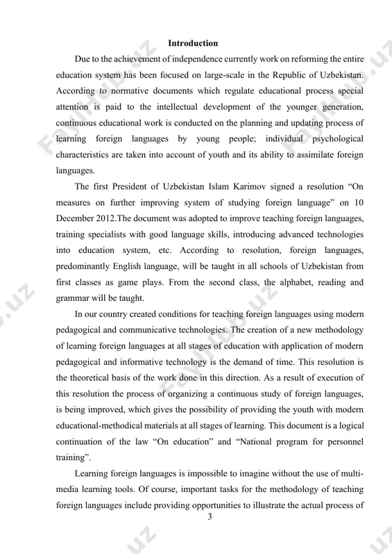 opportunities to illustrate the actual process of communication in english, and creating an educational environment that provides real conditions for learning use of the target language and its culture. the most significant group of benefits is teaching the virtues of computer-based training. for example, teachers use the ability of computers to react instantly to input information to create simple training programs in the form of exercises. the technical advantage of teaching english with the help of multimedia technology is that sound cards allow users to record their speech and then compare it with the pronunciation of native speakers. the subject of this course paper is variety of methods and ways and their effectiveness of using in teaching a foreign language after the independence of uzbekistan. the object of research is the process of analyzing of development of foreign language teaching methods in independent years of uzbekistan. theoretical value of this …