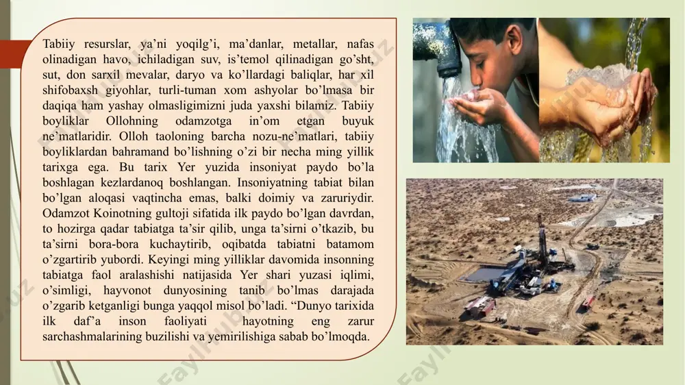 abiiy xodisalar bilan bog'liq bo’lgan har qanday xodisa tushuniladi. (iqlim o’zgarishi, hayvonlarning yalpi ko'chib ketishi) tabiatdagi muvozanatning buzilishi oqibatida turli miqyosdagi ekologik muammolar shakllanmokda. ularni quyidagi guruhlarga ajratish mumkin. 1. global (umumbashariy). regional (mintaqaviy). lokal (mahalliy). global ekologik muammolar dunyo bo'yicha kuzatiladigan tabiiy, tabiiy antropogen va sof antropogen ta'sirlar natijasida yuzaga kelib umumbashariyatga tegishlidir. ana shunday ekologik muammolarning ba'zilari bilan tanishamiz: atmosferaning dimiqish xodisasi. keyingi yillarda atmosfera tarkibidagi so2 miqdori ortib borayotganligi ma'lum bo'lib qoldi. natijada yer yuzasining harorati oxirgi 100 yil ichida 0,5- 1,0 gradus ortdi. iqlimning keng ko'lamda o’zgarishi atmosferaning sanoat chiqindilari va avtotrasnportlardan chiqayotgan gazlar bilan bogmiq, yer yuzasining global isishi, ya'ni atmosferaning dimiqishi so2 ning havo tarkibida ortib ketishi, o'rmonlarning kesilishi, toshko'mir va benzin kabi yoqilg^ilarning yonishidan atmosferada to'planadigan so2 gazi tufaylidir. ana shu zaylda ahvol o'zgarmasa xxi asrning o'rtalarida yer yuzasining harorati 1,5-4,5 gradusgacha ortishi mumkin. natijada: 1. iqlimning o'zgarishi ayniqsa, cho'llanish jarayonining kuchayishi. yogingarchilikning …