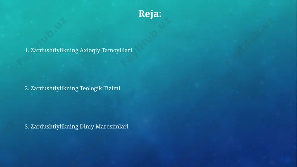 etgan kurashda tasvirlangan. angra mainyu, qadimiy fors matnlarida "qorong'u ruh" deb ataladi va o'zining 7 ta nopok ruhi bilan birga eron platosida yovuzlik va buzuqlikni yoyishga harakat qiladi. zoroastrizmning asosiy tamoyillari zardushtiylikning asosiy tamoyillaridan biri – yaxshilik va yomonlik o‘rtasidagi abadiy kurash g‘oyasi bo‘lib, 6-asrda eronda paydo bo‘lgan va 3000 yildan ortiq davom etayotgan dinning markaziy qismidir. zardushtiylikda olov muqaddas hisoblanadi va 72 ta olov ibodatxonasi, atash behram kabi muqaddas joylarda saqlanadi, bu yerda ruhoniylar marosimlarni o‘tkazadilar. yaxshilik va yomonlik o'rtasidagi kurash ahura mazda tomonidan yaratilgan 6 farovonlik (amesha spentas) va angra mainyu tomondan yaratilgan 6 qorong'u kuchlar o'rtasidagi kurash, insoniyat tarixining 12000 yillik davrini qamrab oladigan kosmik jang sifatida tasvirlangan. avesto matnlarida ta'kidlanganidek, yaxshilik va yomonlik o'rtasidagi kurash, zamonaviy eron va markaziy osiyoda 10 ming yil oldin boshlangan va oxiratdagi "frashokereti" yoki oxirgi jang bilan yakunlanadi deb ta'kidlanadi. qabr marosimlari va o'limdan keyingi hayot o'limdan keyingi hayot haqida tasavvurlar …