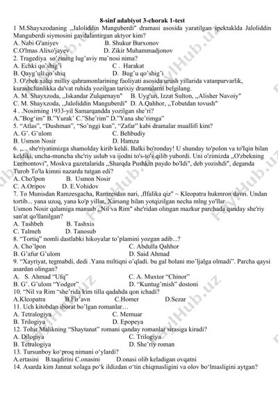 8-sinf adabiyot 3-chorak 1-test — DOC